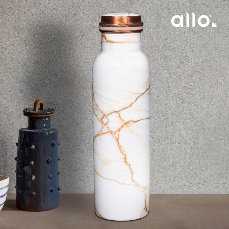 Image of Allo Pure Copper Water Bottle 1 Litre Copper Bottle | Alkaline and Anti Oxidant | 100% Leak Proof, Office, Gym Bottle, Modern Tamba Bottle for Adults, Best Gift for Diwali (White Golden Marble)
