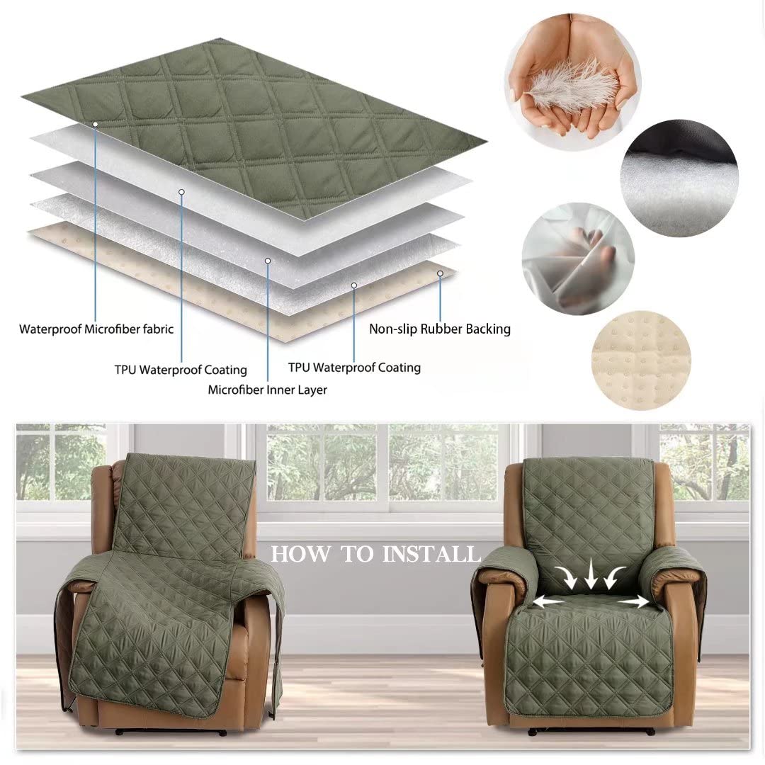TOMORO Non-Slip Oversized Loveseat Recliner Cover, 100% Waterproof Quilted Recliner Chair Slipcover Furniture Protector with Pockets, Washable Couch Cover with Elastic Straps for Kids and Pets