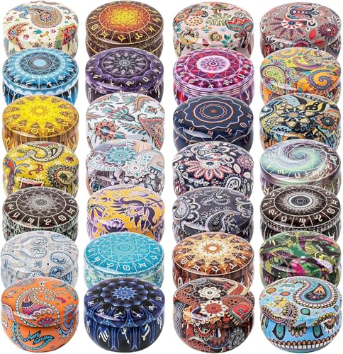 Malloom 28 tarros de velas de colores, 2,2 oz redondo Zodiac Velas con tapas, latas redondas vacías en paquete grande para hacer velas, proyectos de manualidades y almacenamiento