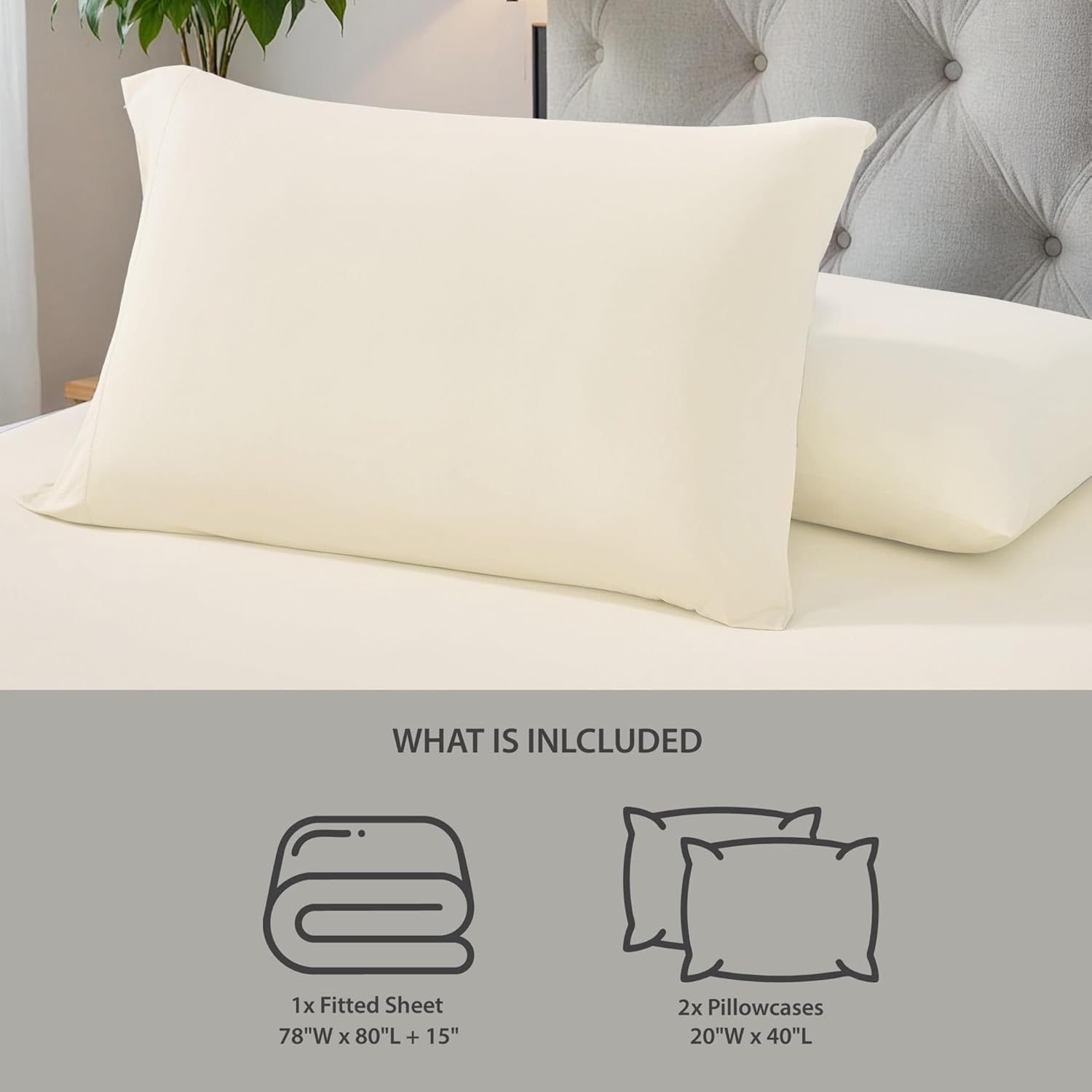King Sheet Sets 3 Piece, Cooling Spandex Sheet,Fade Resistant Fitted Sheet & Pillowcases, All Elastic Fits Up to 15" Mattress, Breathable & Moisture-Wicking for Hot Sleepers, Ivory