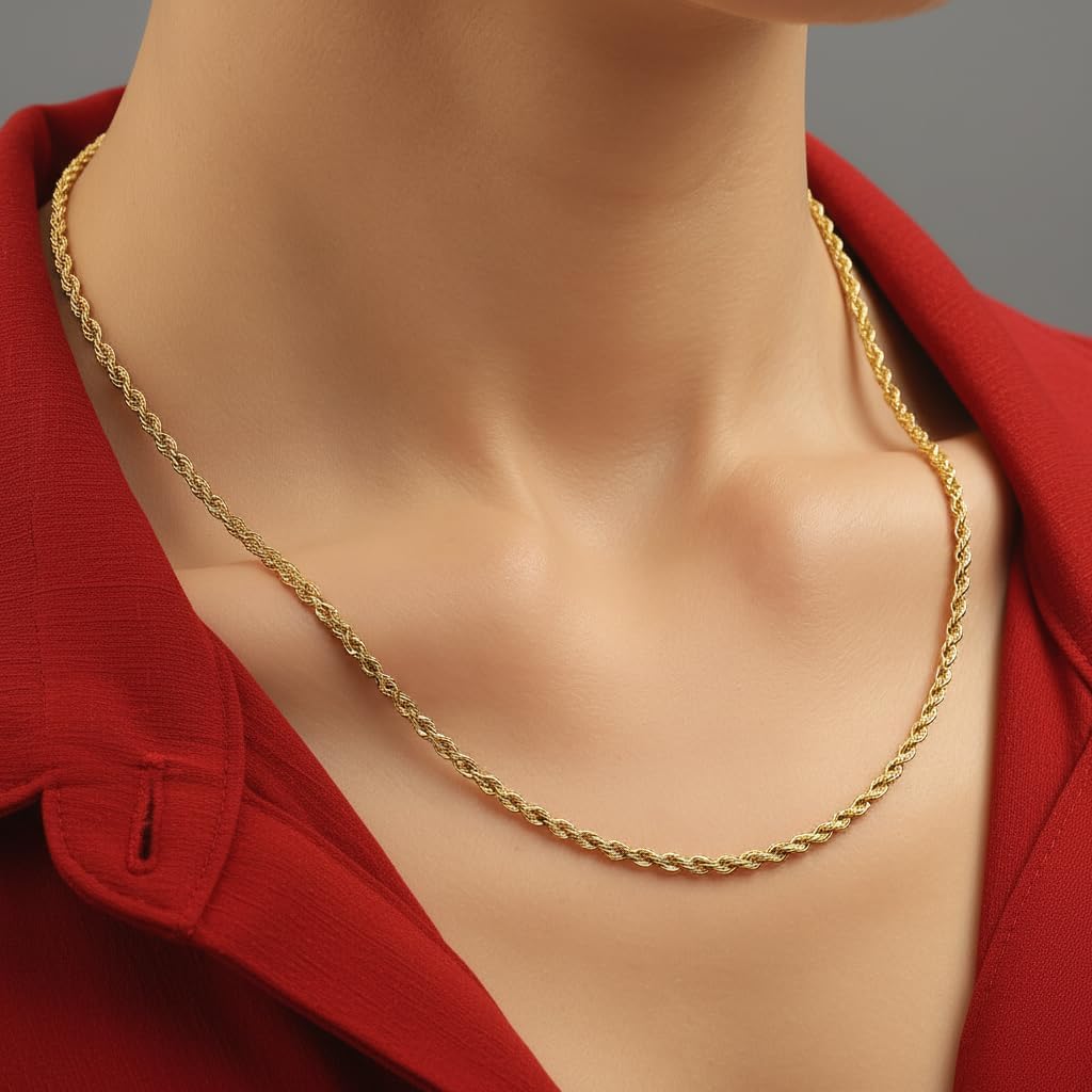 LIFETIME JEWELRY 2mm Gold Rope Chain for Women & Men - Diamond Cut 24k Necklace Real Gold Plated - Lifetime Replacement - Durable Clasp - 14 to 36 inches