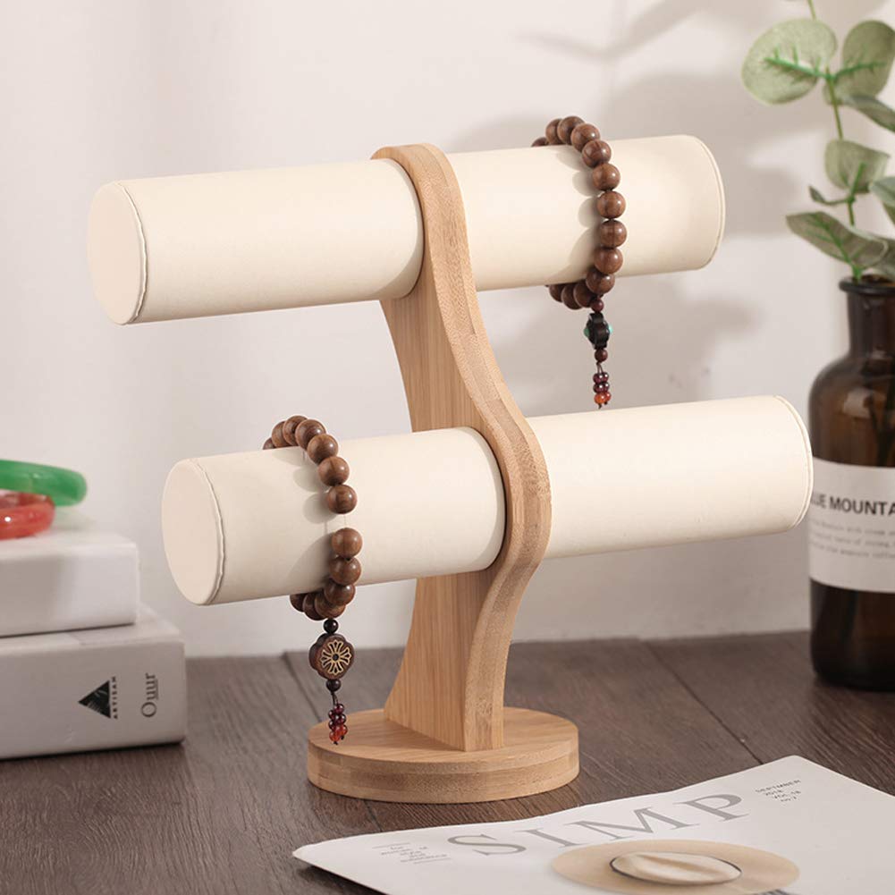 undrandBamboo 2 Tier T-Bar Watch Display Stand Jewelry Organizer Holder for Watch Bracelet Bangle Necklace Countertop Table Top Jewelry Tower Beige Leatherette