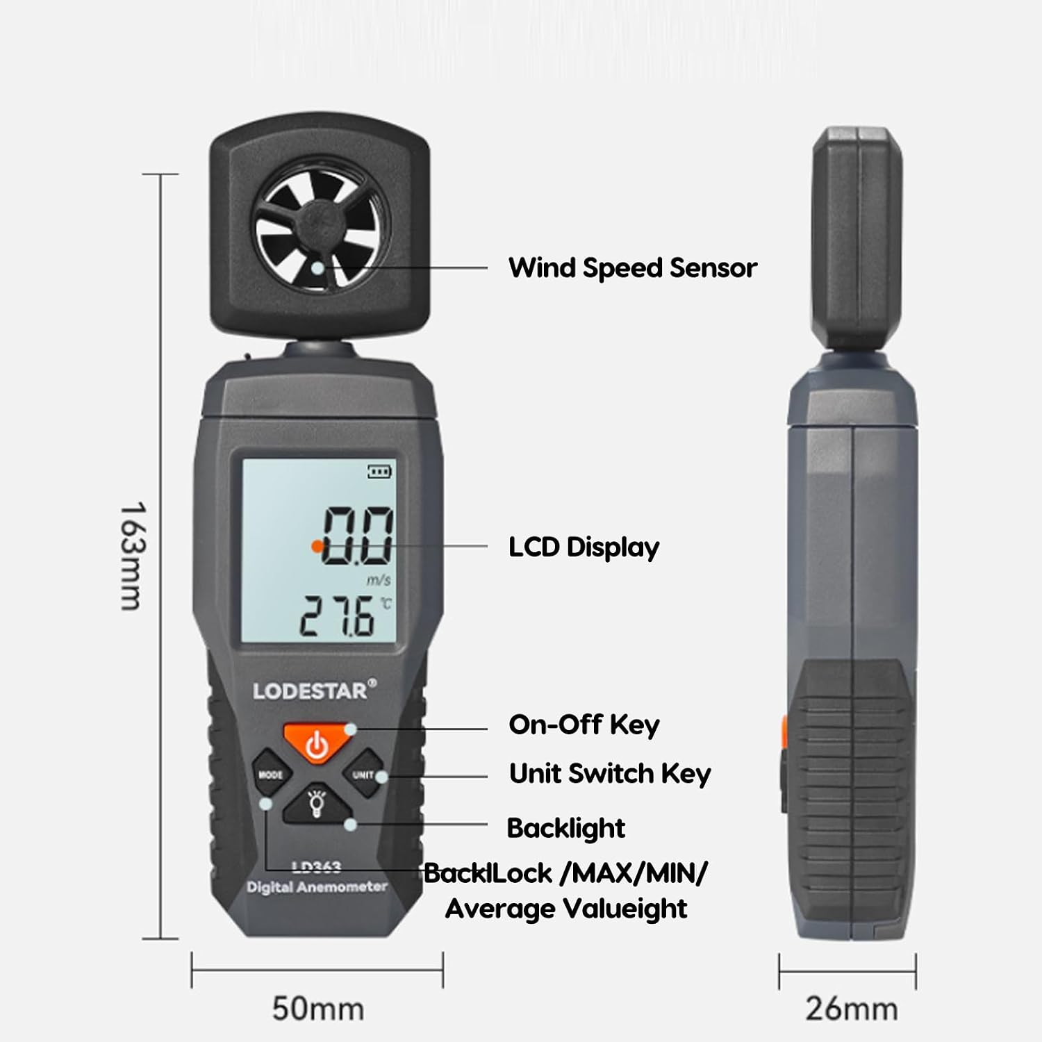 Smart Sensor Digital Anemometer 0.3-30m/s 0.6-58 Knots Handheld LCD Wind Speed Meter Wind Gauge ST9606 Portable for Measuring Wind Speed and Temperature（Black）