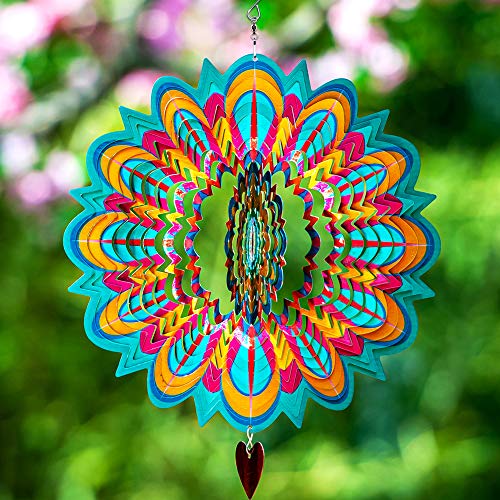 SteadyDoggie Moulin à Vent Flamme Mandala 30 cm - Acier Inoxydable 3D - Motif géométrique Artistique métallique découpé au Laser - Moulin à Vent à Suspendre, décoration de Jardin cinétique Artistique Cover
