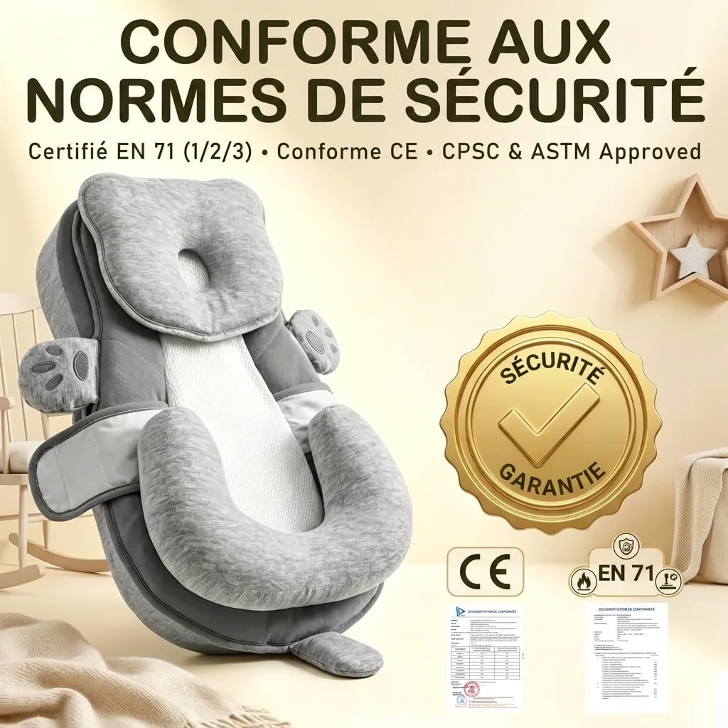 Plan Incliné Bébé 10° Certifié EN71 - Support Ergonomique avec Coussinet Silicone - Design 3-en-1 Déhoussable et Lavable - Cale Bébé pour Repos et Éveil 0-12 Mois