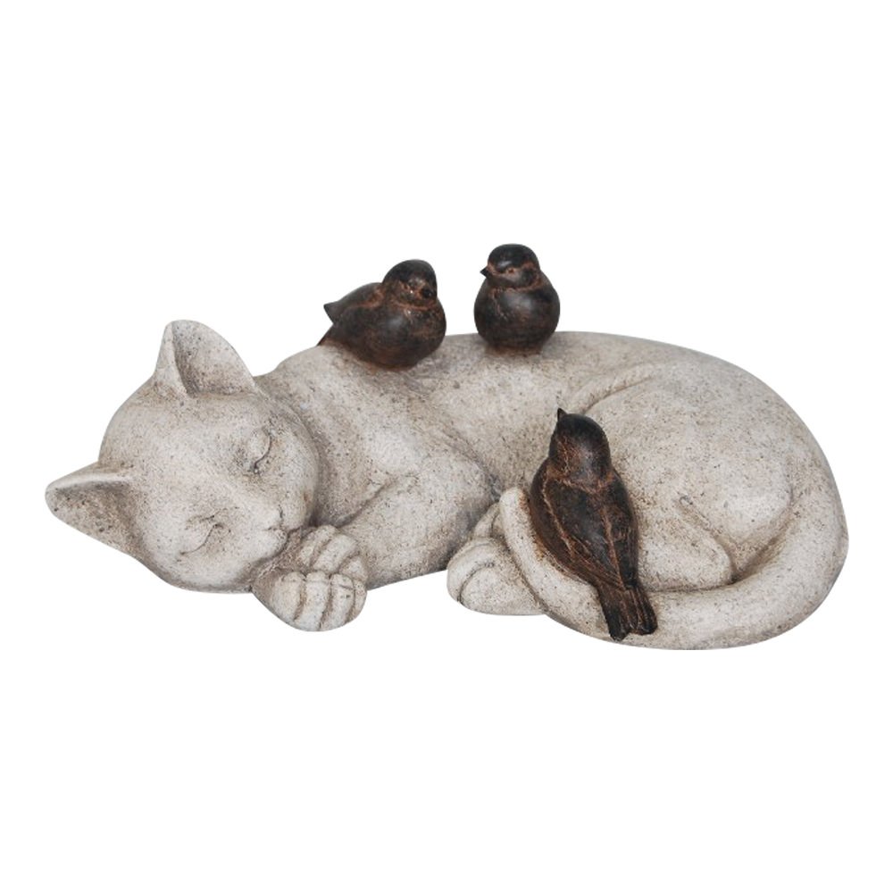 Comfy HourLoving Memory Collection 12" Length Garden Accent Decorative Sparrows On Cat Figurine, Polyresin Statue Stone Looking