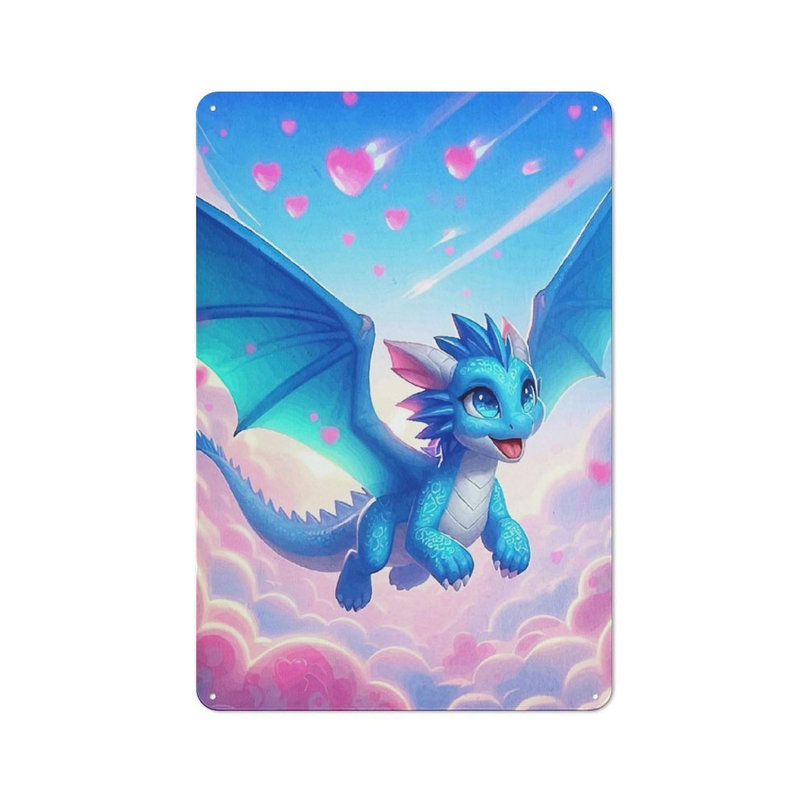Cute Dragon Hearts Warehouse Style Metal Wall Decor 30x20cm, Metal Wall Sign for Workspace, Cafe, Hallway Or Garage