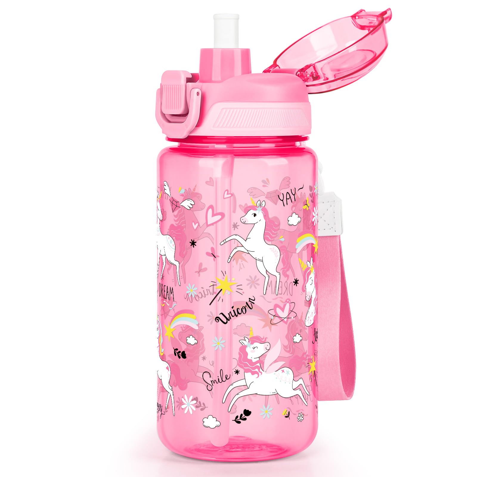 omedecal 600ml Kids Water Bottle with Pop-Up Lid & Lock, BPA-Free, 2-in-1 Removable Straw or Direct Drink Plastic Water Bottle, Dishwasher Safe, Handle Strap, Boys & Girls, Unicorn