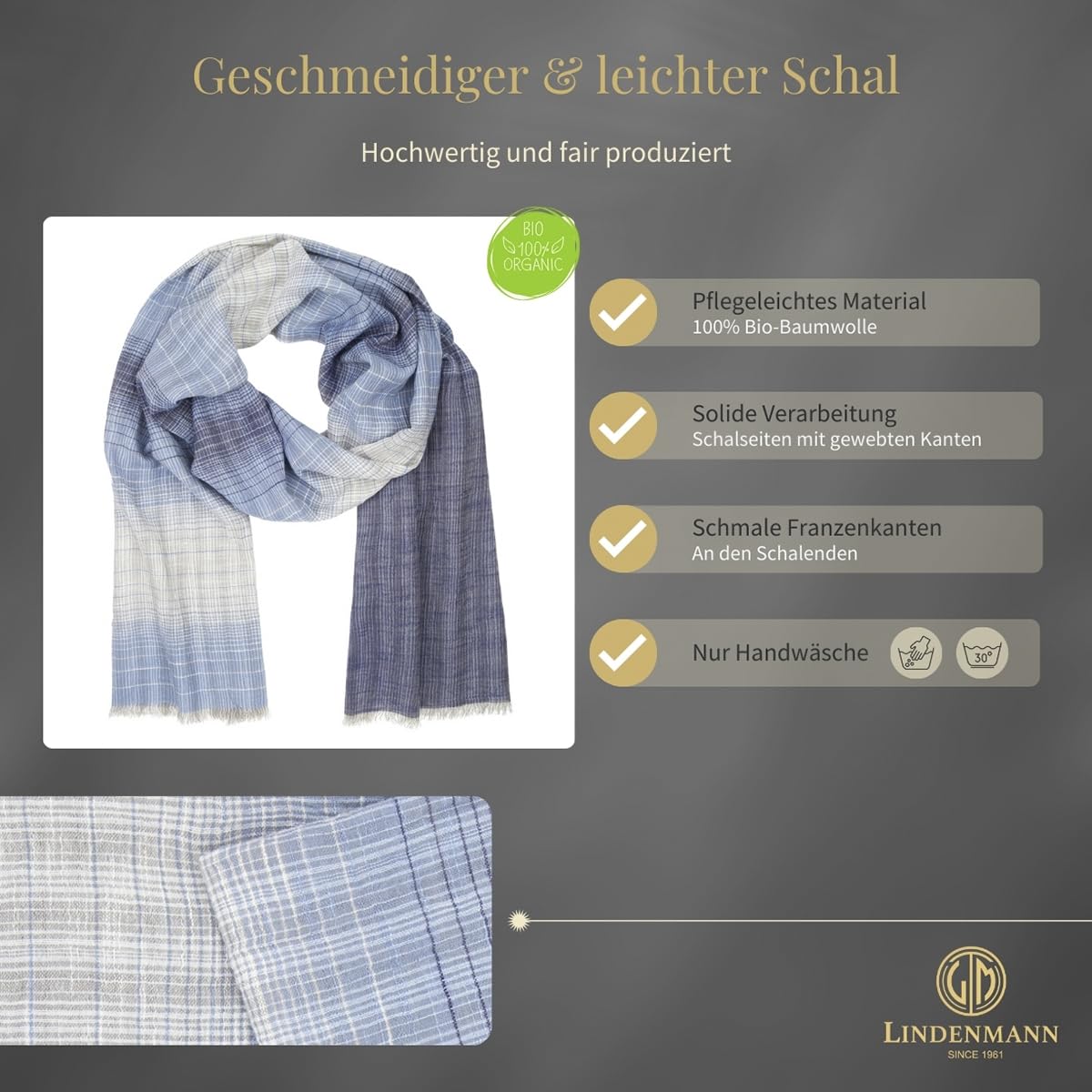 LINDENMANN Bufanda de hombre ligero 100% algodón orgánico azul, azul, Talla única