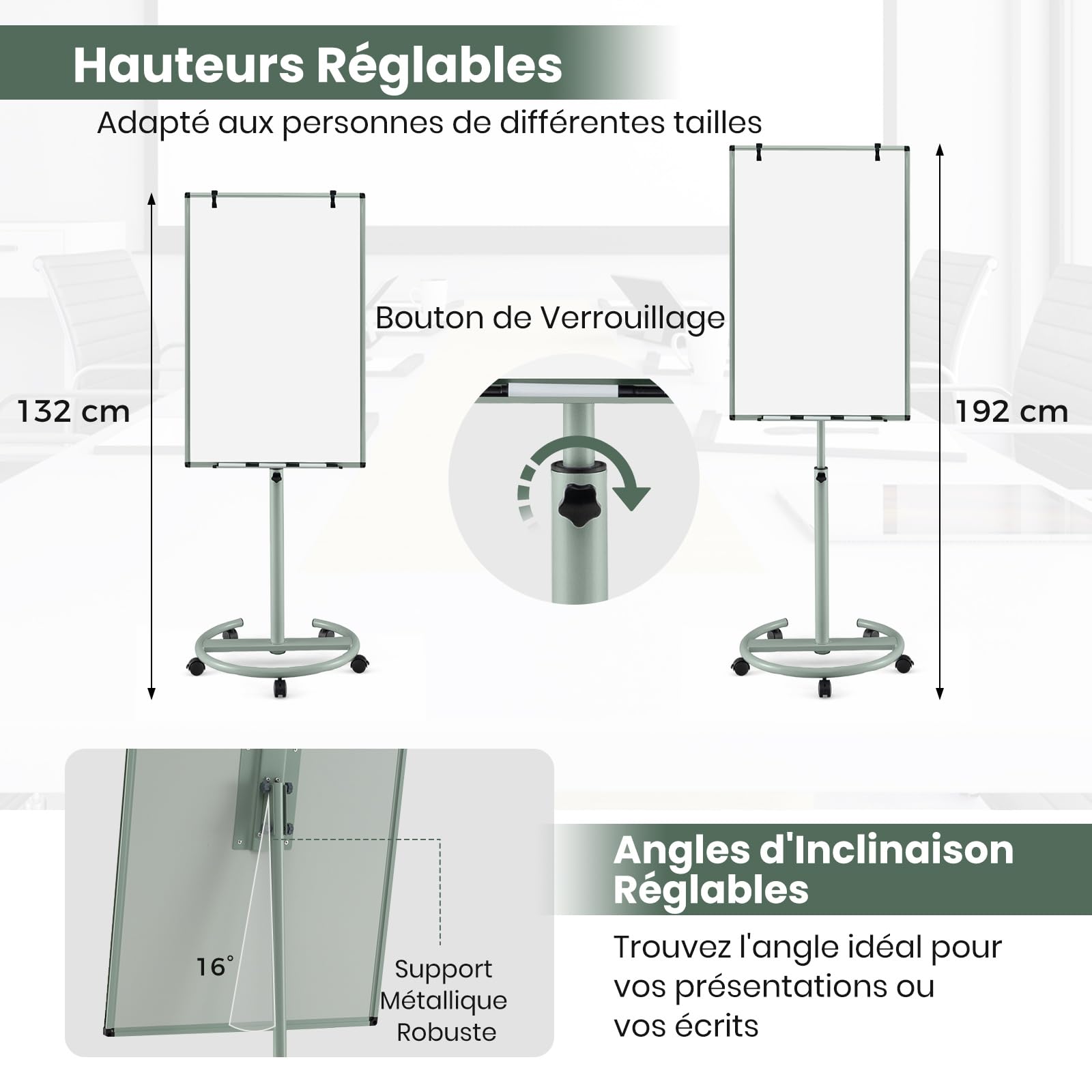 GOPLUS Tableau Blanc Effacable 65 x 100 CM, Tableau Blanc Magnetique avec Support Hauteur Réglable et 5 Roues Roulant, 1 Effaceur, 2 Crochets, 6 Marqueurs, 12 Aimants, 25 Papiers, Idéal pour Bureau