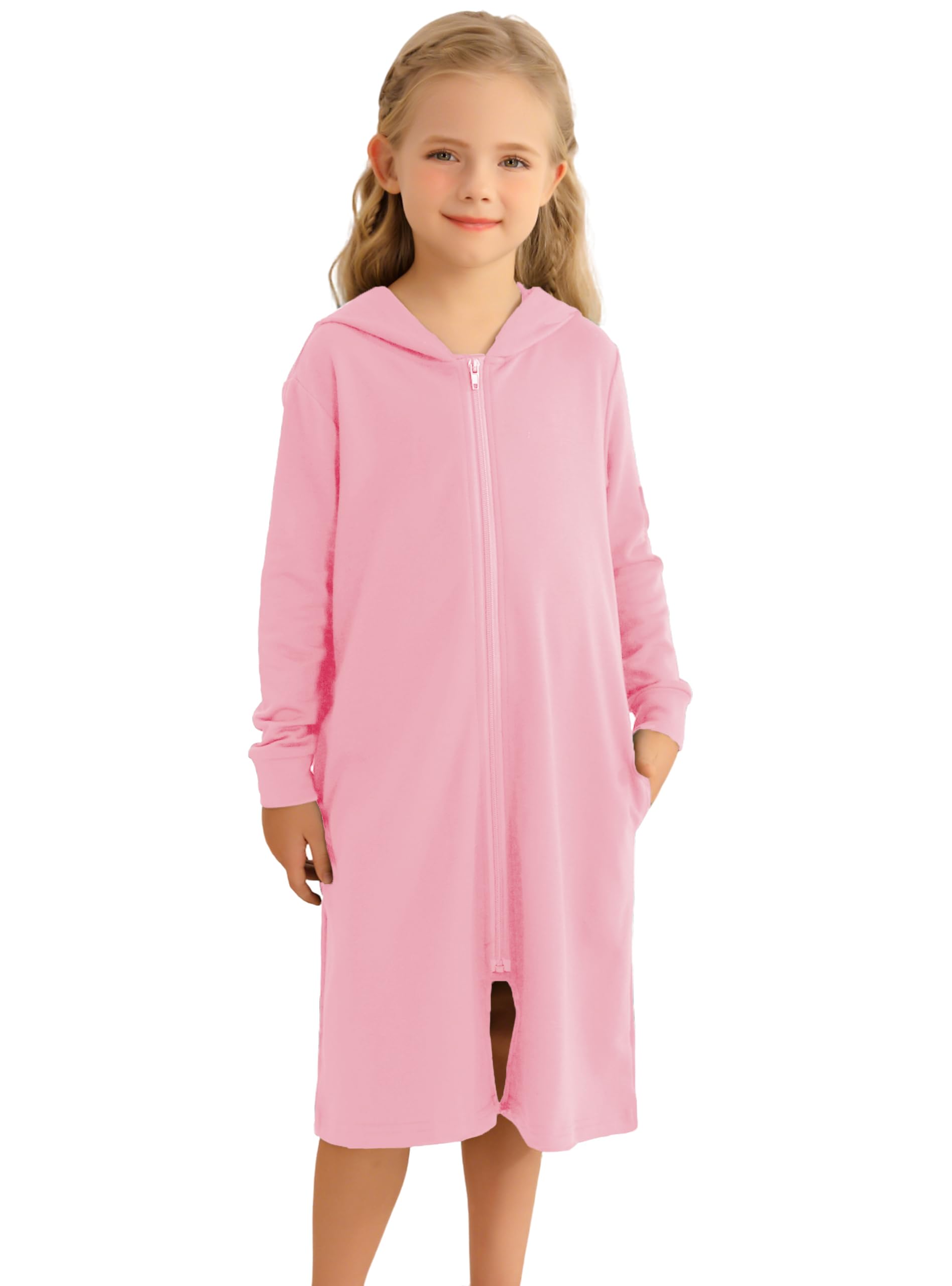 Veseacky Girls Midi Robe Hooded Pink Bathrobe Zipper Up Full Length Solid Pocket Housecoat Sleepwear Size 10-11