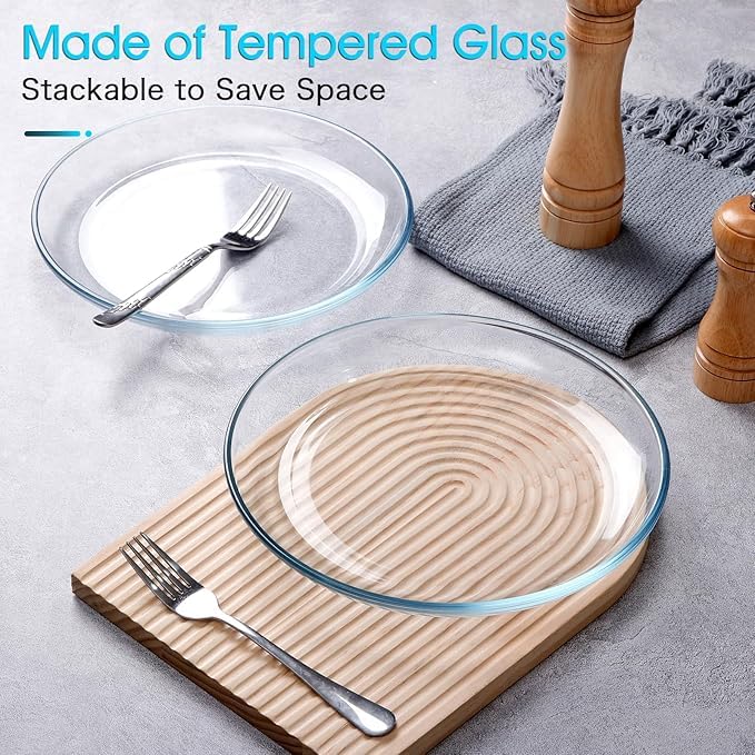 Image of PrimeWorld 2 Pack - 10 Inch Glass Plates with Lipped Edge | Clear Tempered Glass Dinner Plates | Elegant Serving Dinnerware for Pasta, Salad, Snacks | Microwave & Dishwasher Safe