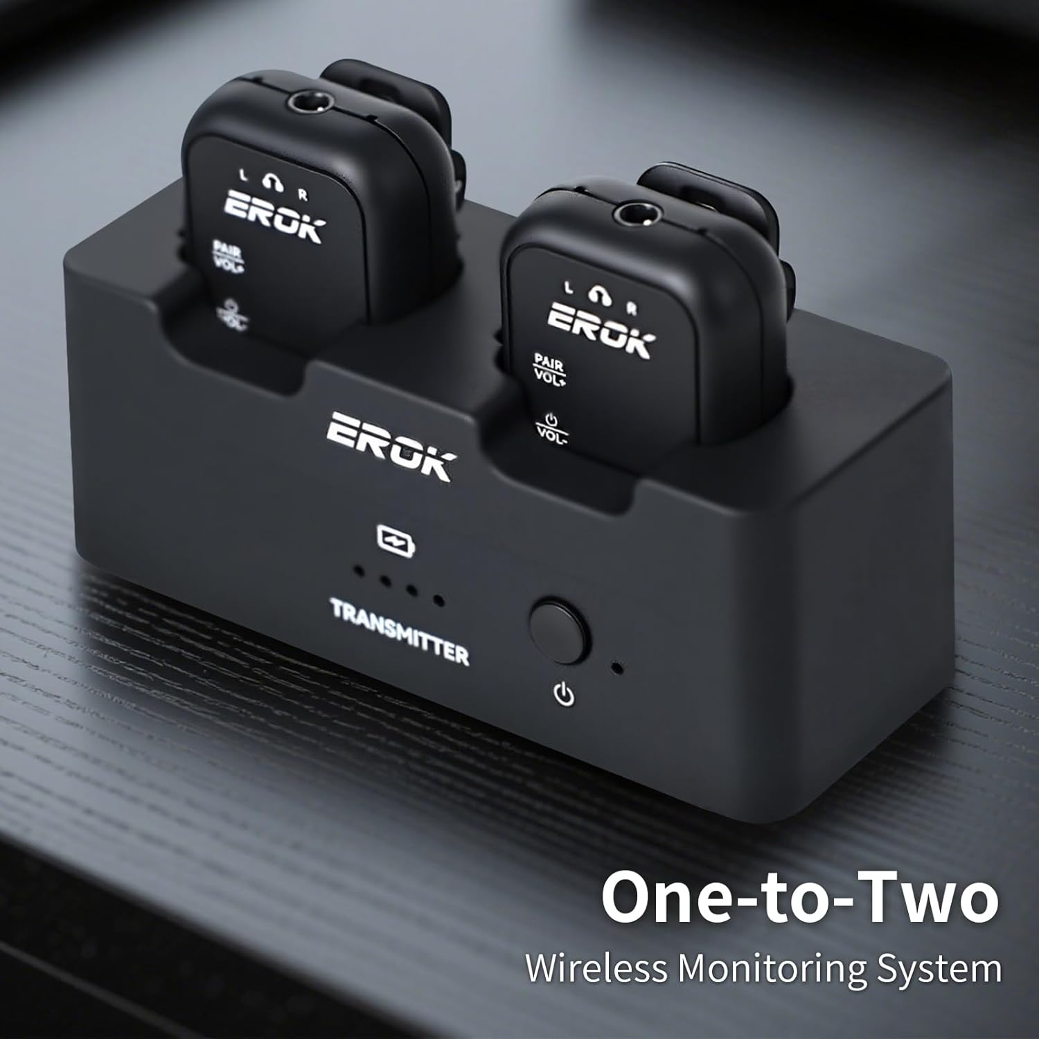 EROK 2.4G Wireless in-Ear Monitor System,Stereo Low Latency,Transmitter with Charging Base & Auto-Pairing Receivers,One-to-More for Home Recording & Small Gigs(1*Set)