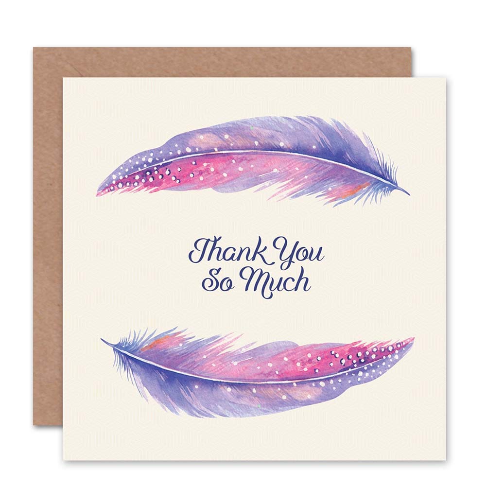 Wee Blue Coo THANK YOU CARD - FEATHER SET WATERCOLOUR PAINT PURPLE PINK