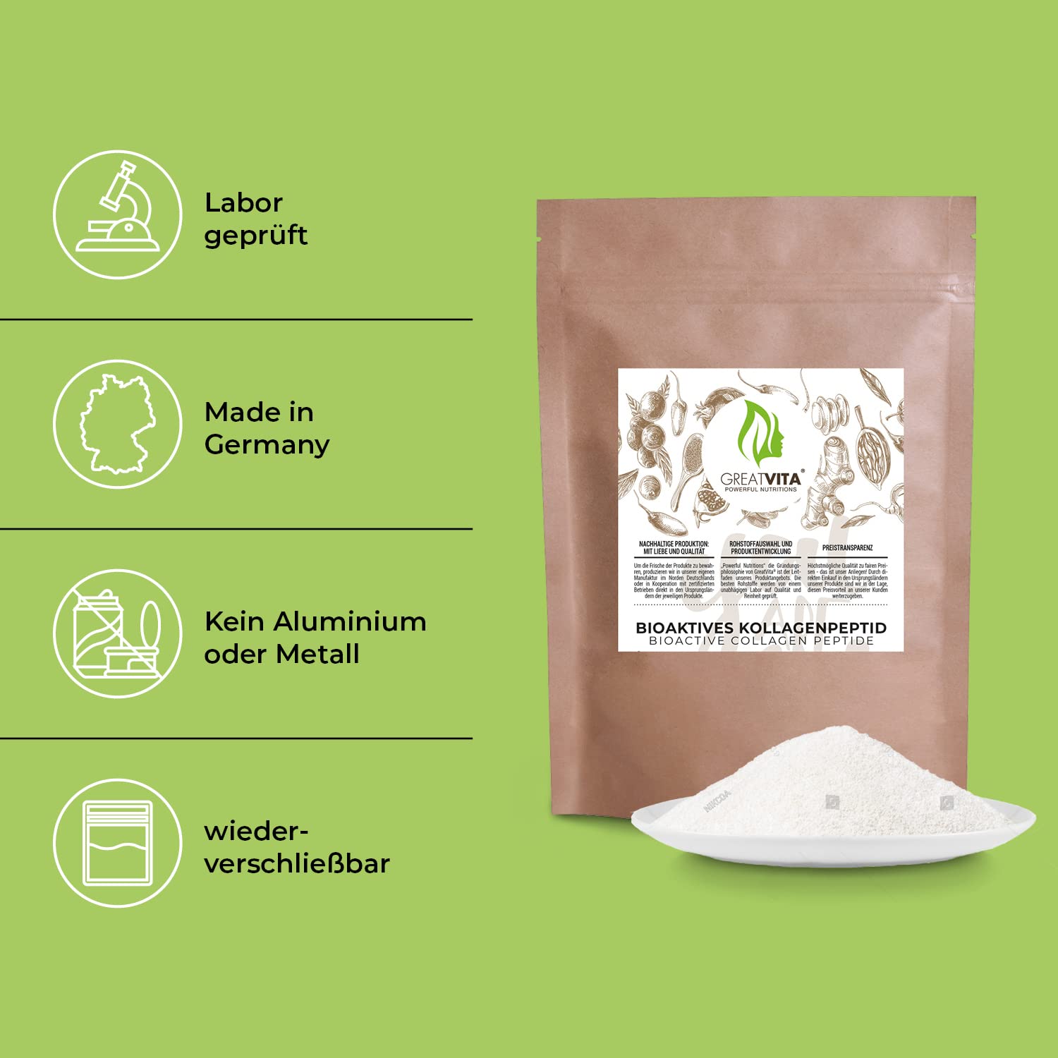 Polvere di collagene bioattiva, 2,4 kg, qualità premium – polvere pura | idrolizzato peptidi tipo collagene proteina – gusto senza additivi | GreatVita