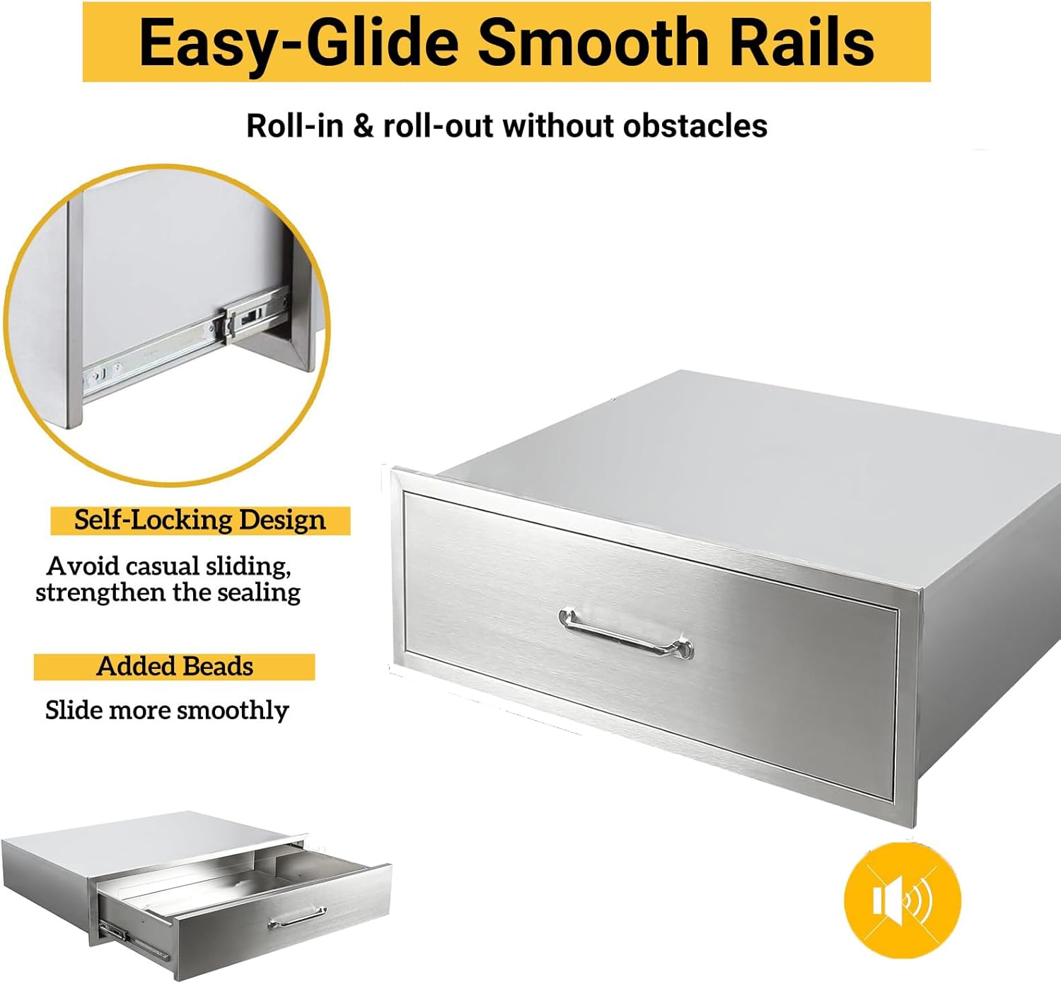 Outdoor Kitchen Drawers, 30x10 inch Stainless Steel BBQ Drawer, Flush Mount Built-in Drawer for Outdoor Kitchen Island & BBQ Islands, Silent, Fully Assembled, 30" W x 23" D x 10" H