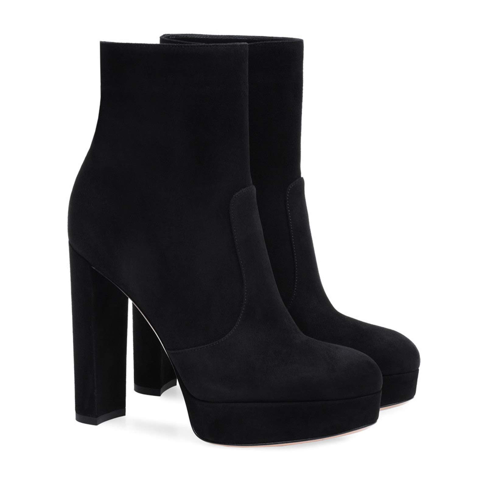 TIKENBST High Heels Suede Shoes Round Toe Chunky Heel Gray Black Platform Ankle Boots,Black-40