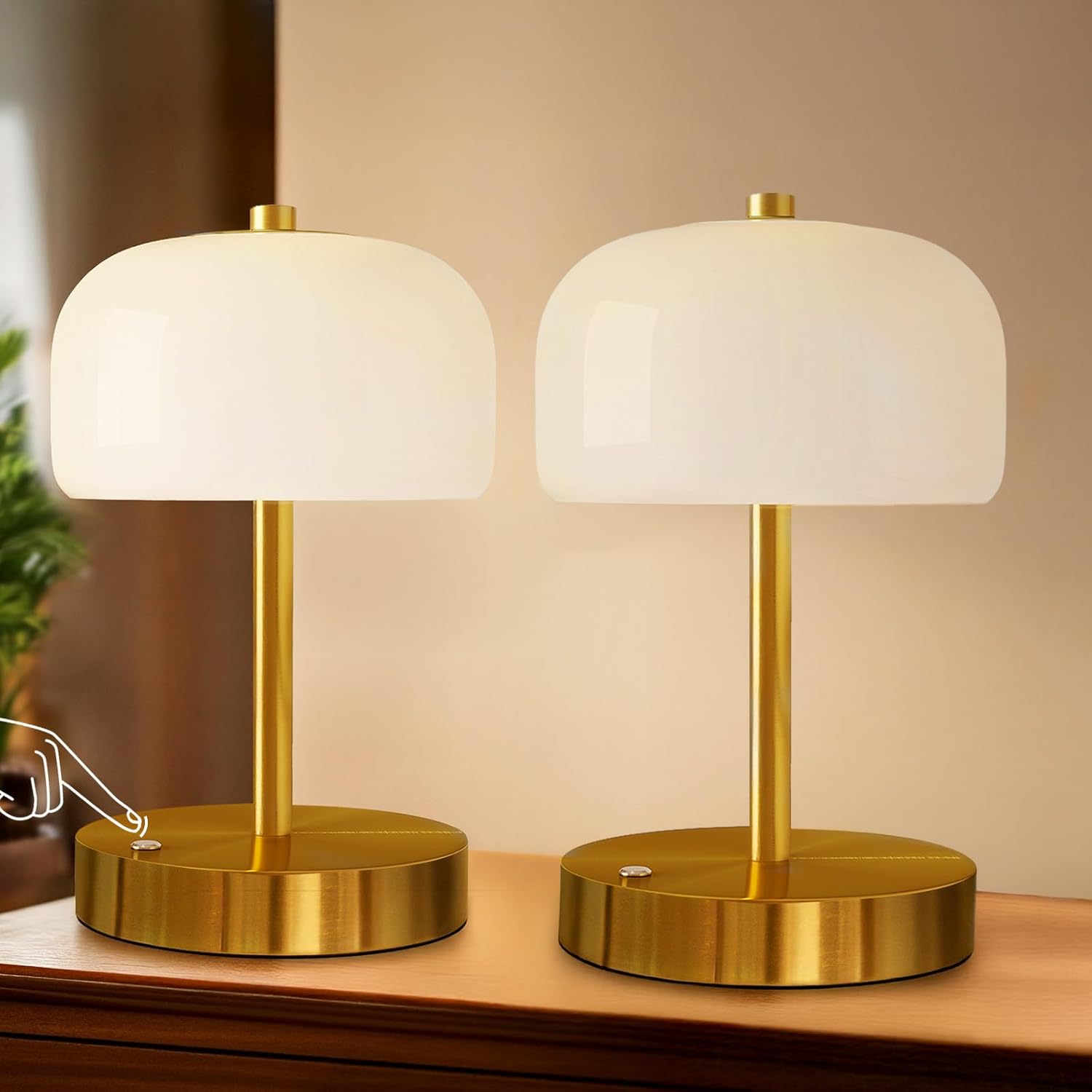 Oneach 9" Cordless Table Lamps Set of 2, Gold Rechargeable Battery Operated Lamp, 3-Way Stepless Dimming Touch Mushroom Lamps, Small Glass Nightlight for Bedroom Dining Table Living Room Shelf Decor Brass Gold-2Pack