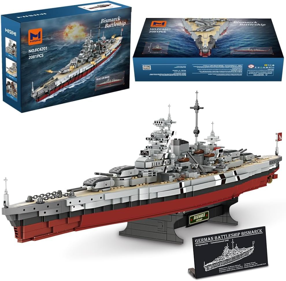 MISINI Technik FC4201 German Battleship Bismarck Clamping Blocks, 2081 PCS/MOC Large WWII German Military Warship Marine Battleship Model for Adults, Compatible with Major Brands