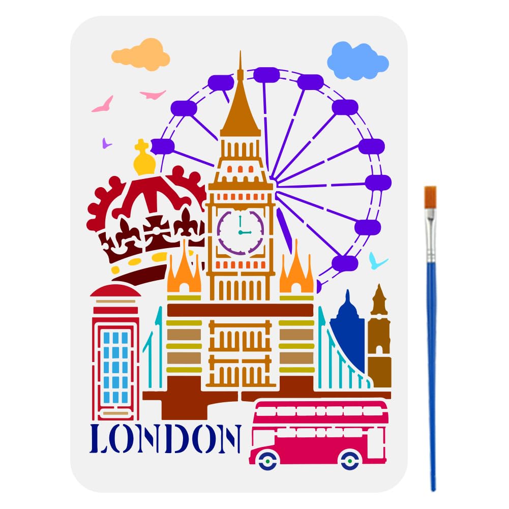 FINGERINSPIRE London Street Scene Stencil 21x29.7cm with Paint Brush - Tower Bridge, Big Ben, Ferris Wheel Architecture Template for DIY Wood Signs and Home Decor