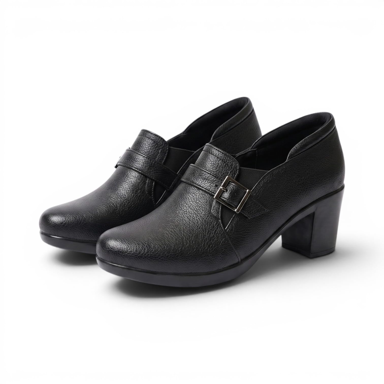 Women's Black Buckle Detail Heeled Loafers | Slip-On Office Wear Block Heel Shoes | Comfortable Formal Pumps for Women-image-23