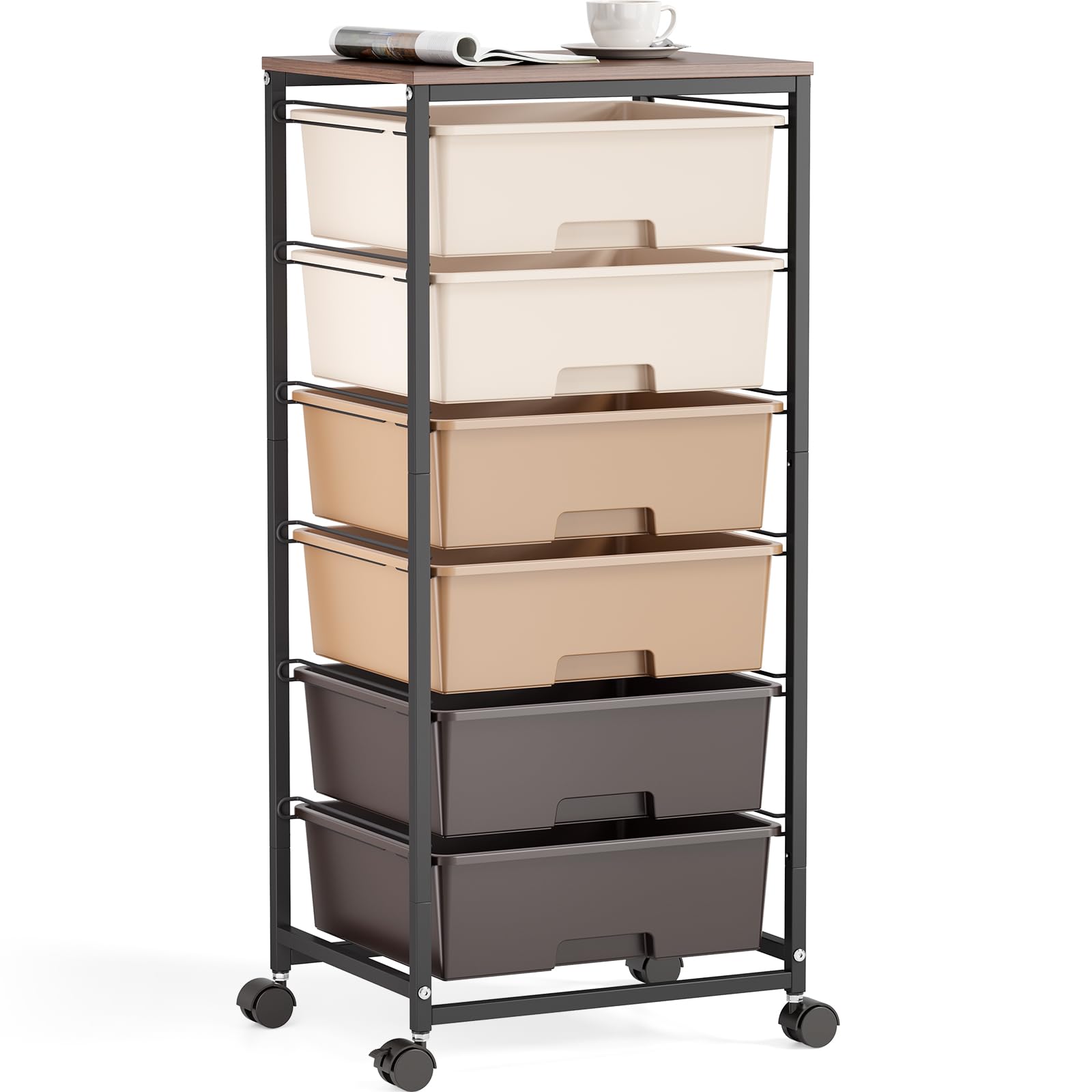 Cassettiera con Ruote KINGRACK con 6 Grandi Cassetti e Ripiani – Carrello con Ruote, Adatto per Uffici, Camerette dei Bambini e Stanze dei Hobby (Marrone)
