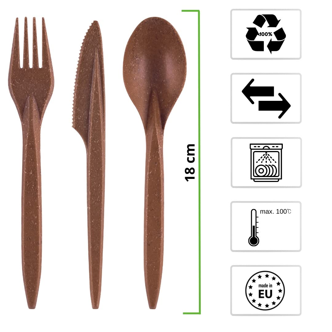 Rago® Kit Couvert en WPC Réutilisables 150 pcs PREMIUM Ensemble de camping Outdoor Couverts de fête réutilisables en bois I Alternative aux couverts en plastique