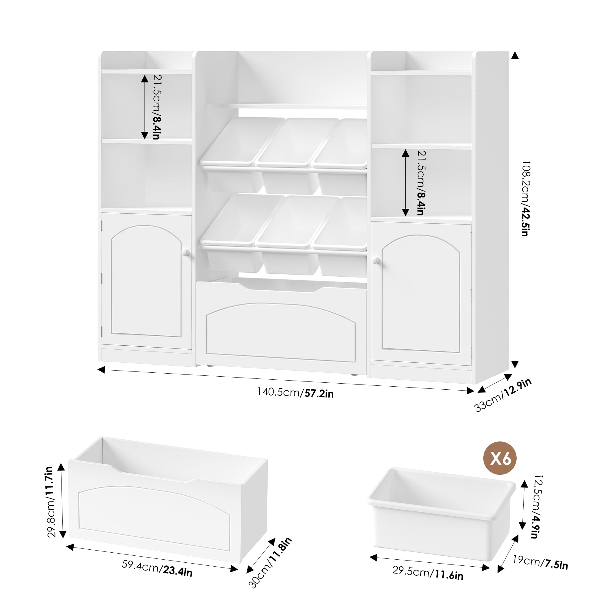 FOREHILL Libreria Montessoriana per Bambini, Porta Giochi Bambini a 6 Scatole, Organizer Giocattoli a Ripiani Regolabile, 7 Scomparti Aperti, per Cameretta e Sale Giochi, 140,5x33x108,2 cm, Bianco