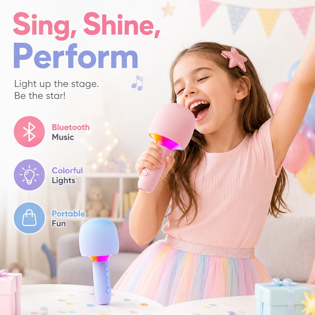 Microfono Karaoke Wireless Tutto in Uno con Altoparlante, Microfono Bluetooth Portatile con Cambia Voce, Luci RGB, Mini Macchina Karaoke, Regalo di Compleanno (2PC-BLUE)