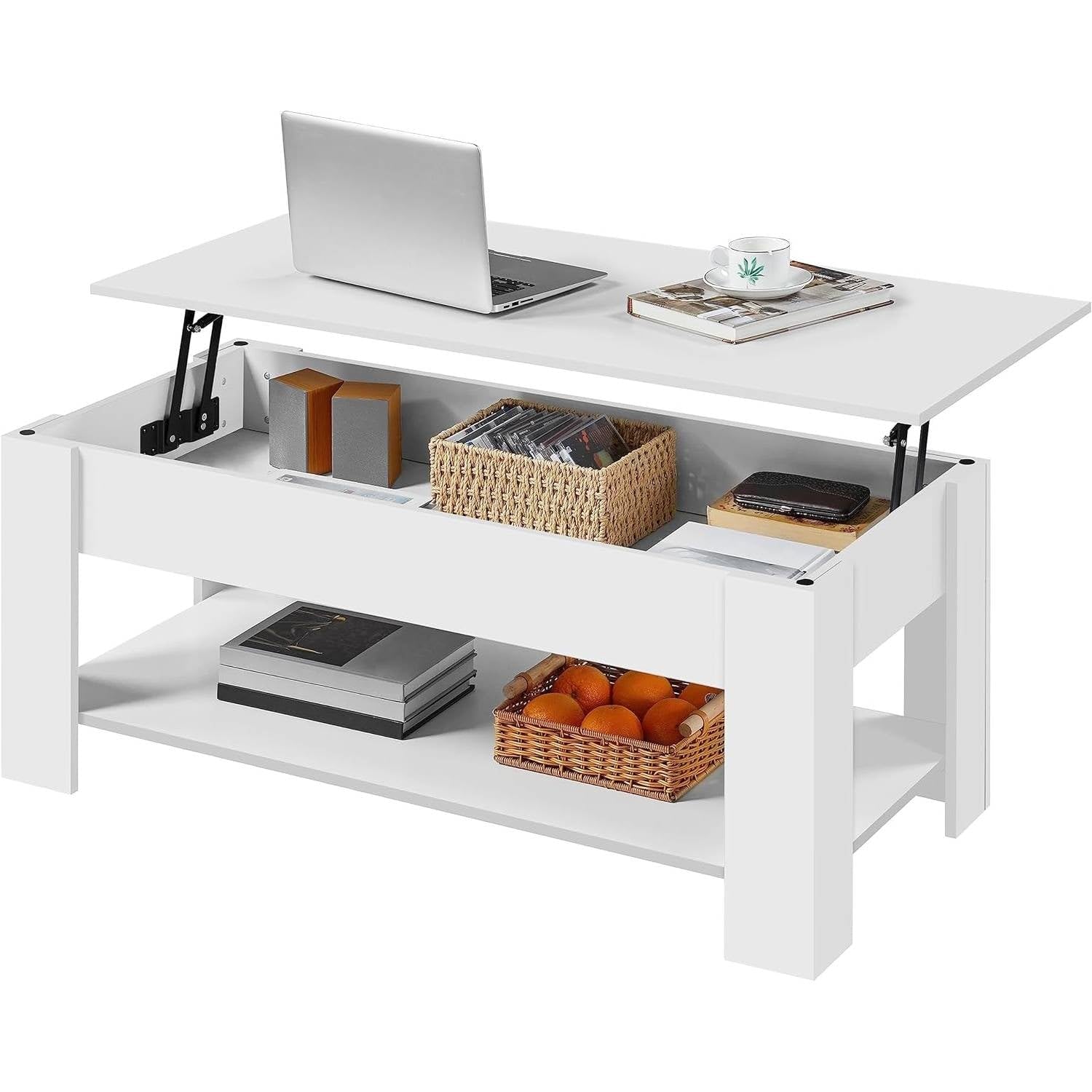 Lift-Top Coffee Table Laptop Desk TV Tray in White Wood Finish New