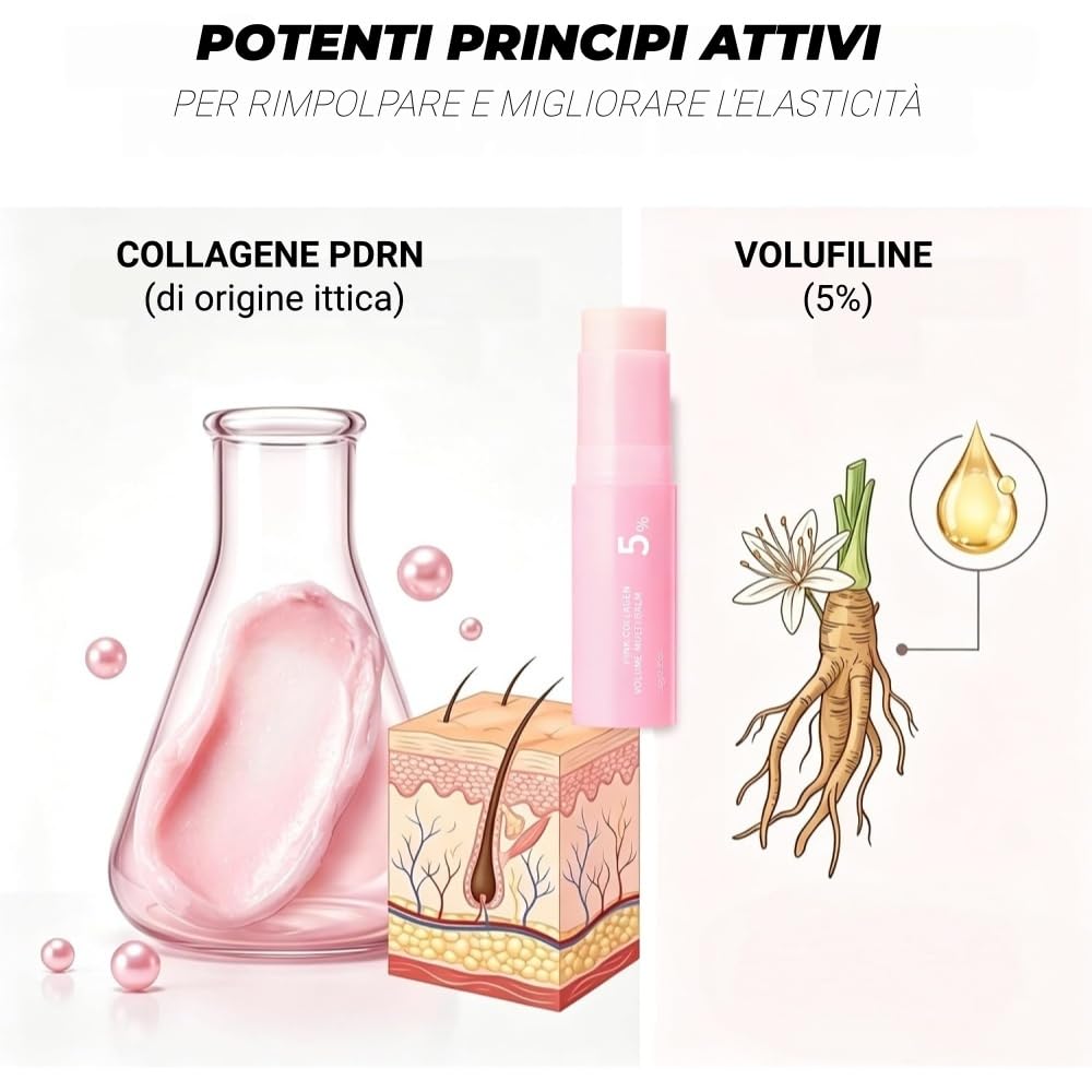 Leviova Stick idratante al collagene di rosa, effetto rimpolpante, texture non grassa, utilizzabile come base trucco per viso, labbra e collo