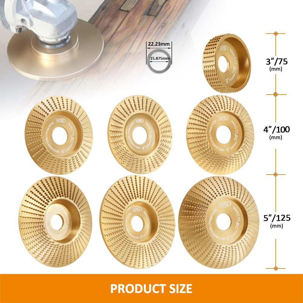 BGTEC Premium Wood Carving Disc Grinder Wheel Disc for Angle Grinder,3pcs 5" 125MM (Plane+Beveled+Arc) Stump Tool Grinding Wheel with 7/8"-5/8" Arbor for Cutting Shaping Grinding.
