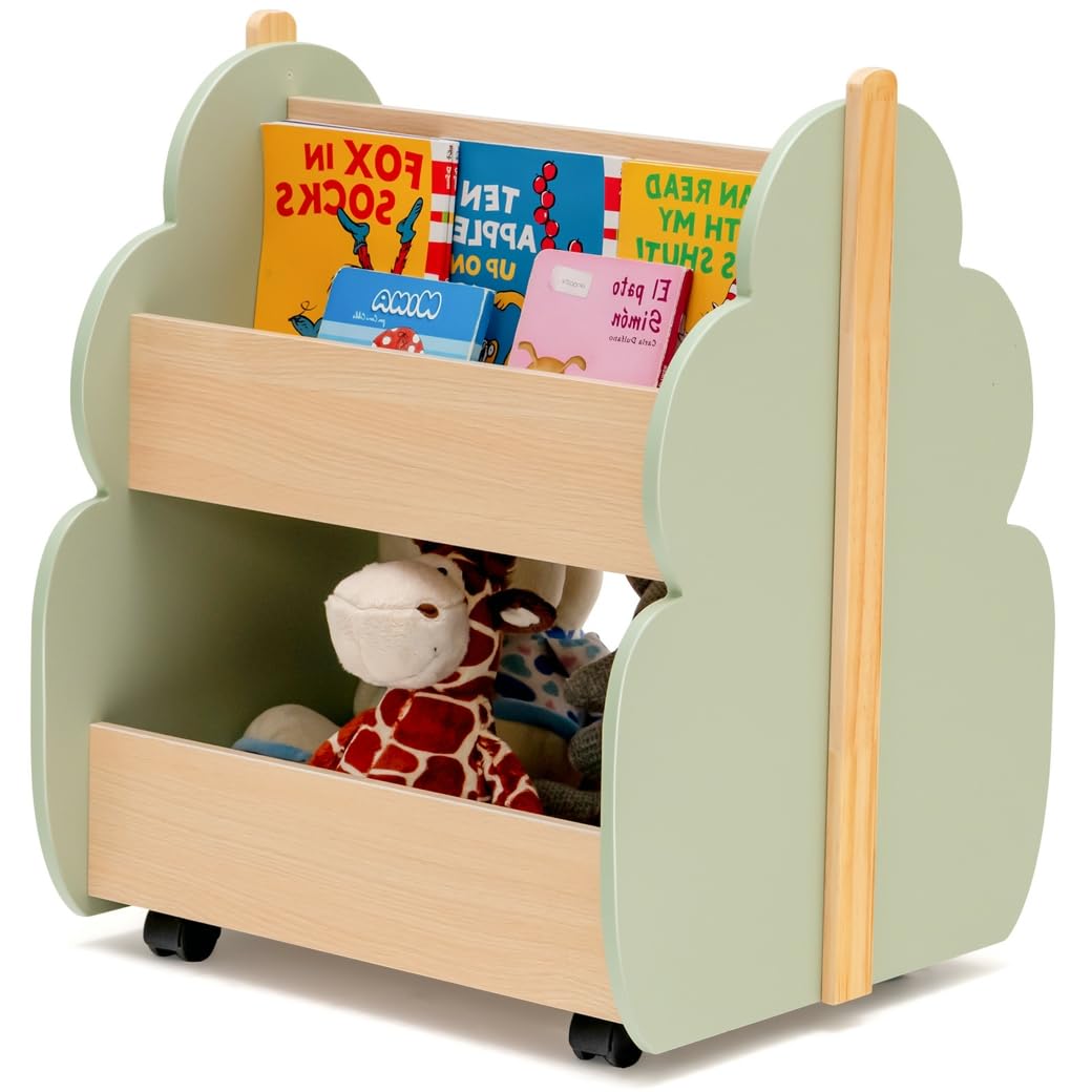 HOMASIS Libreria Montessoriana per Bambini con 2 Scomparti, Scaffale per Bambini in Legno con 4 Ruote, Cassapanca Portaoggetti per Camera dei Bambini, Sala Giochi e Asilo (Verde)