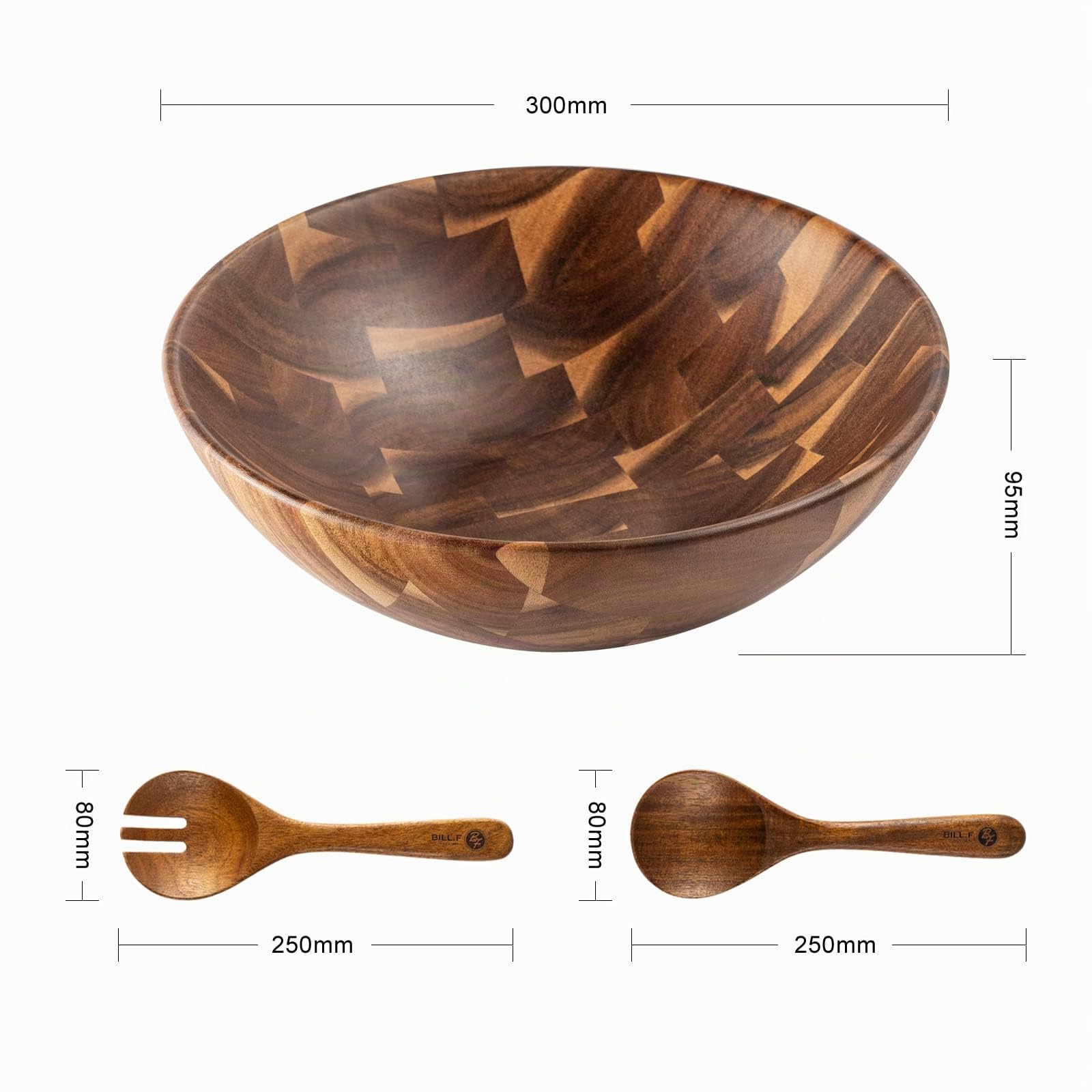 Bill.F - Ensaladera de madera de acacia, juego de ensaladera grande con servidores, juego de 3 ensaladeras grandes de 30 x 10 cm