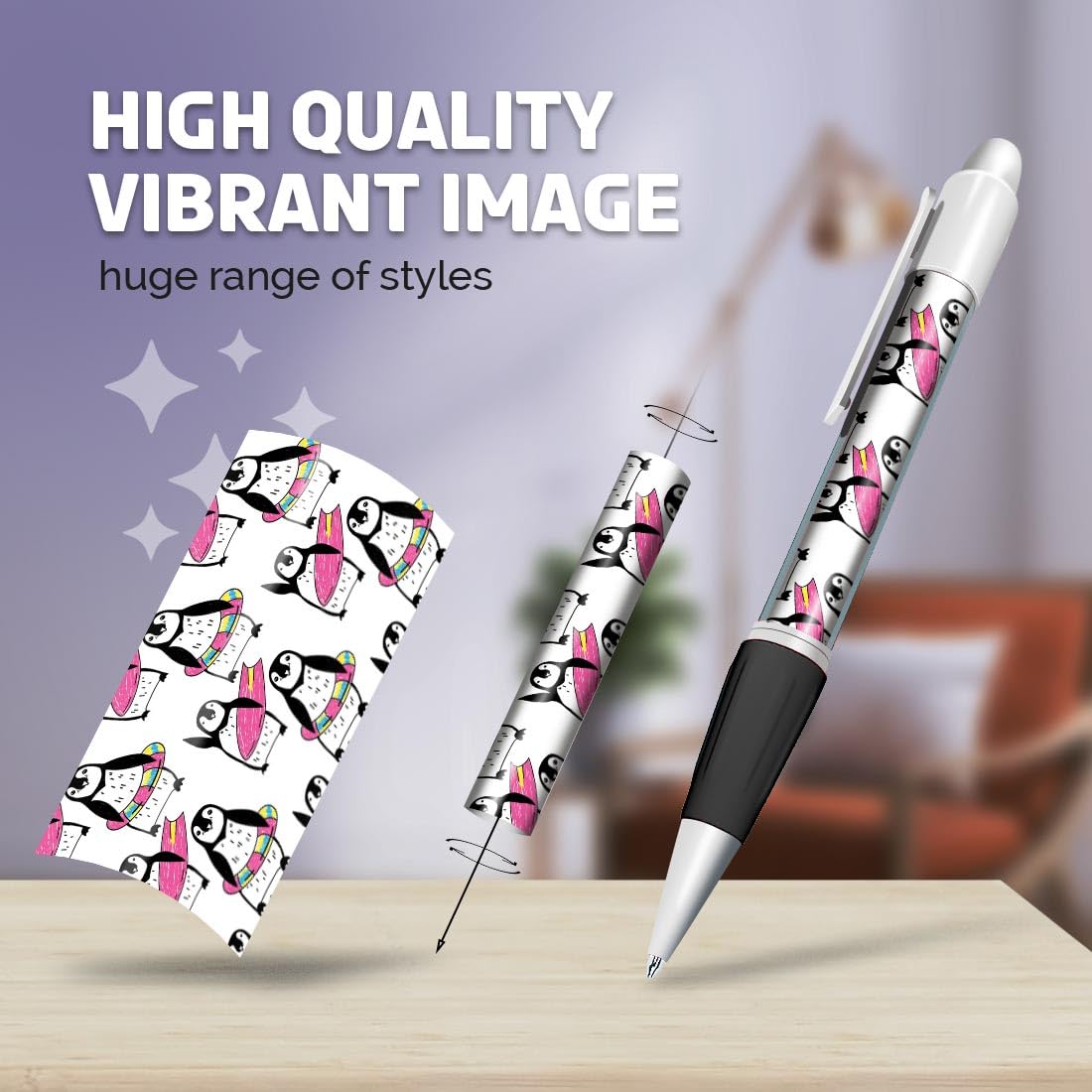 Set of 4 White Ballpoint Pens (Photo Insert) - Surfing Penguins Funny Swimming Pattern - Soft Feel Finger Grip #170888 - Image 2