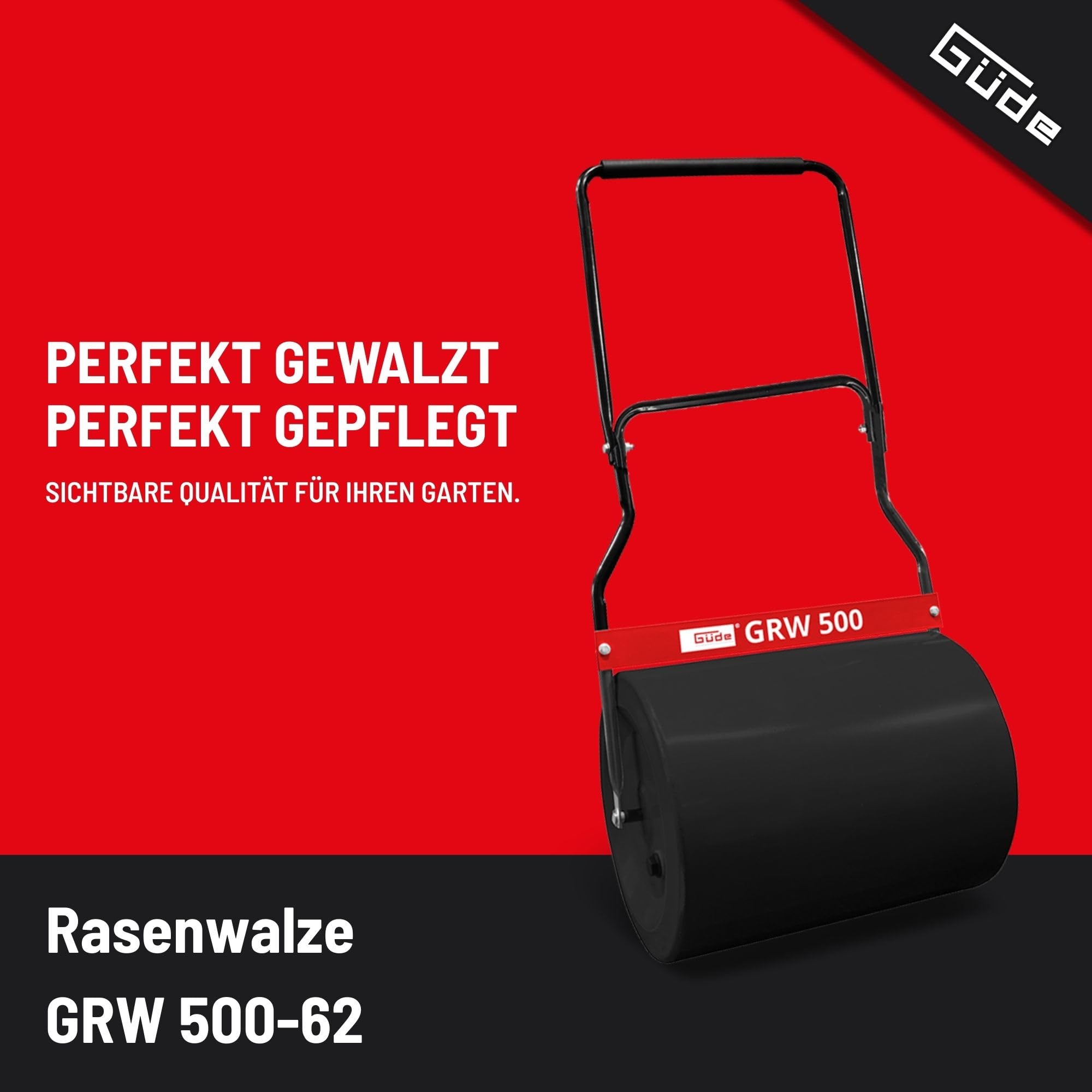Güde GRW 500-62 Rasenwalze - 49,5 Zentimeter Arbeitsbreite, 40 Zentimeter Walzendurchmesser, 62 Liter Füllvolumen, robuster Metall-Korpus, Abstreifschiene, Softgriff, mit Wasser oder Sand befüllbar