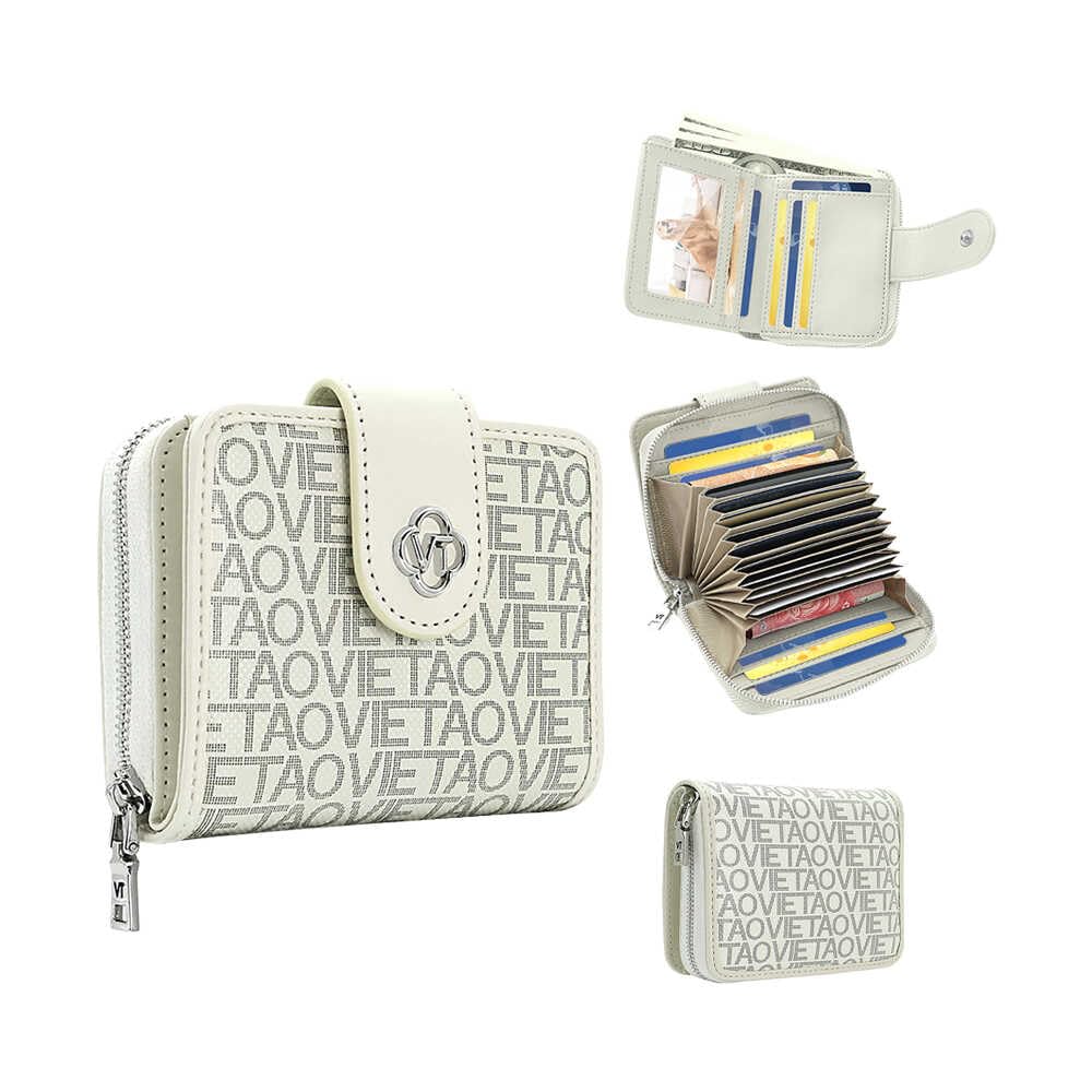 Credit Card Wallets for Women, Leather Cardholder with Zipper Around, Small RFID Ladies Wallet, Accordion Compact Bifold Purse for Travel, 19 Card Slots, ID Window, Cash Organizer - White-image-2