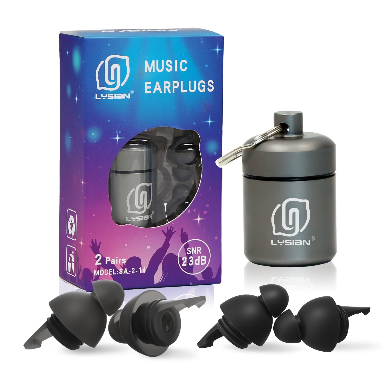 LYSIAN High Fidelity Concert Ear Plugs for Music- 2 Pairs Musicians Earplugs for Noise Cancelling, Concert Festivals, Drummers, DJS, Raves, Games -23dB | Reusable soft musician earplugs for concerts, festivals & raves; 23dB noise reduction, 2 pairs with aluminum case-picture-40
