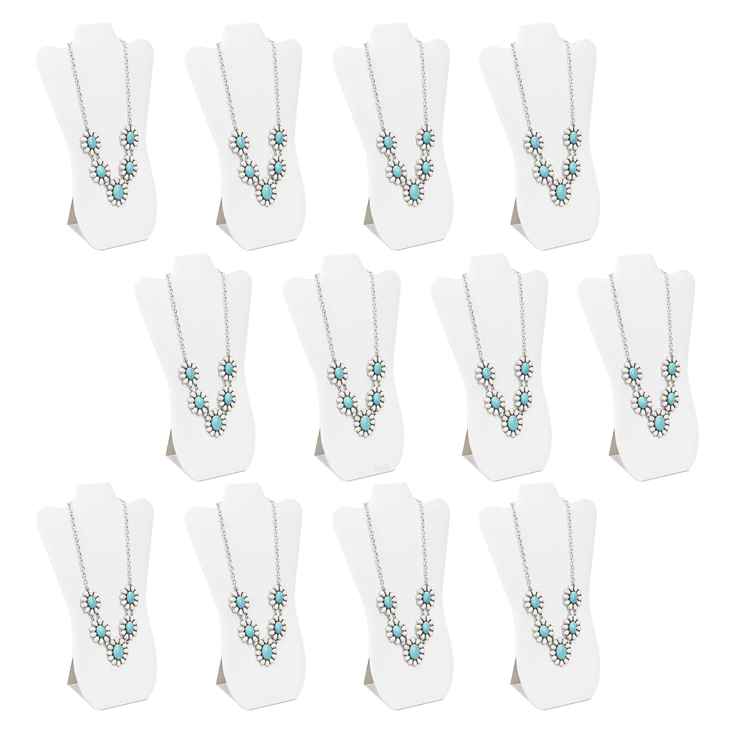 MOOCA White Faux Leather MDF Wood Jewelry and Necklace Easel Display Stand, Set of 12