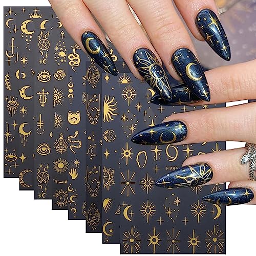 Bsbtbz K-520 8Sheets Gold Star Nail Sticker Decals- Metallic Nail Supplies 3D Self-Adhesive Sun Stars Moon Starlight Planets Snake Nail Design Nail Art Stickers cover