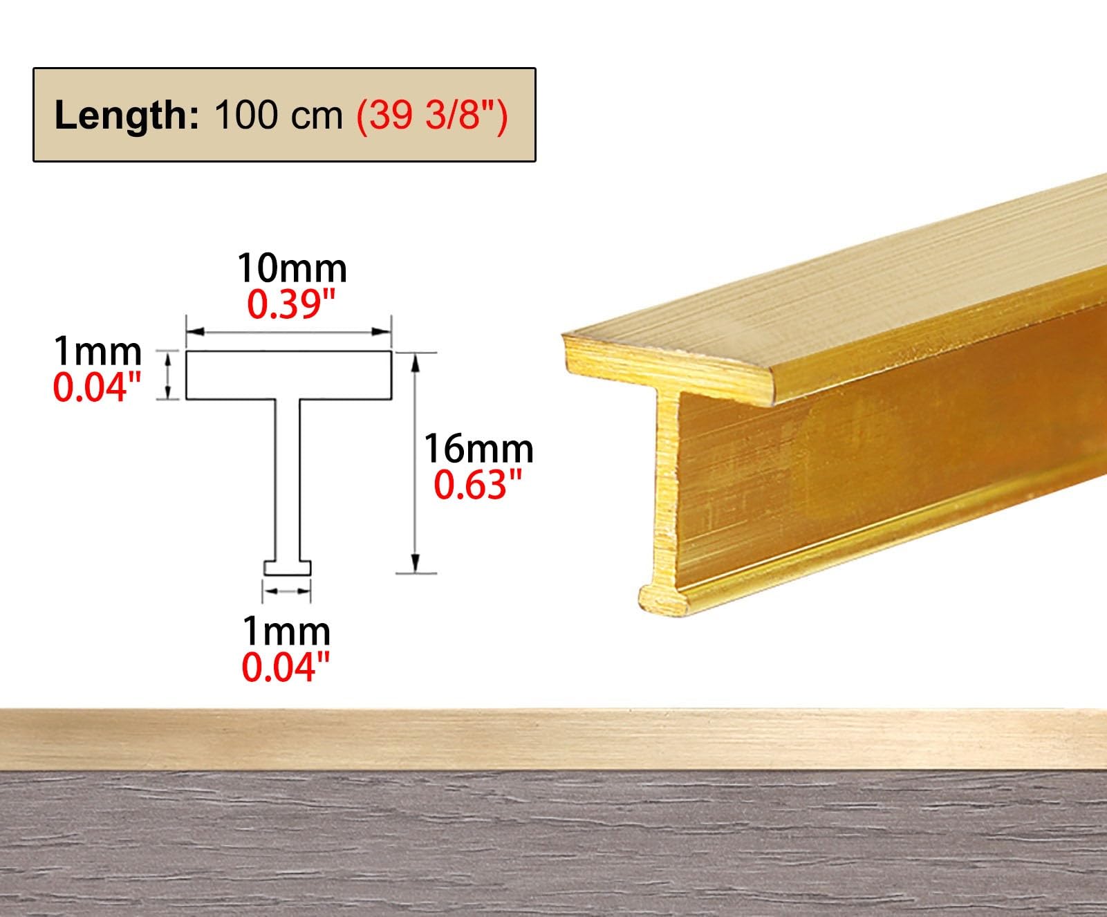 Tira de transición de suelo de latón macizo para puertas, 1 m de largo, cortable, tira decorativa de madera a azulejo, acabado cepillado, 10 x 16 mm