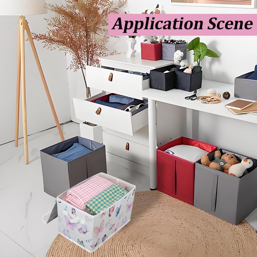 Butterfly Storage Box Collapsible Fabric Storage Bins Decorative Colorful Butterfly Organizer Cubes with Lids and Carrying Handle Rectangle Folding Containers for Bedroom Closet Shelves