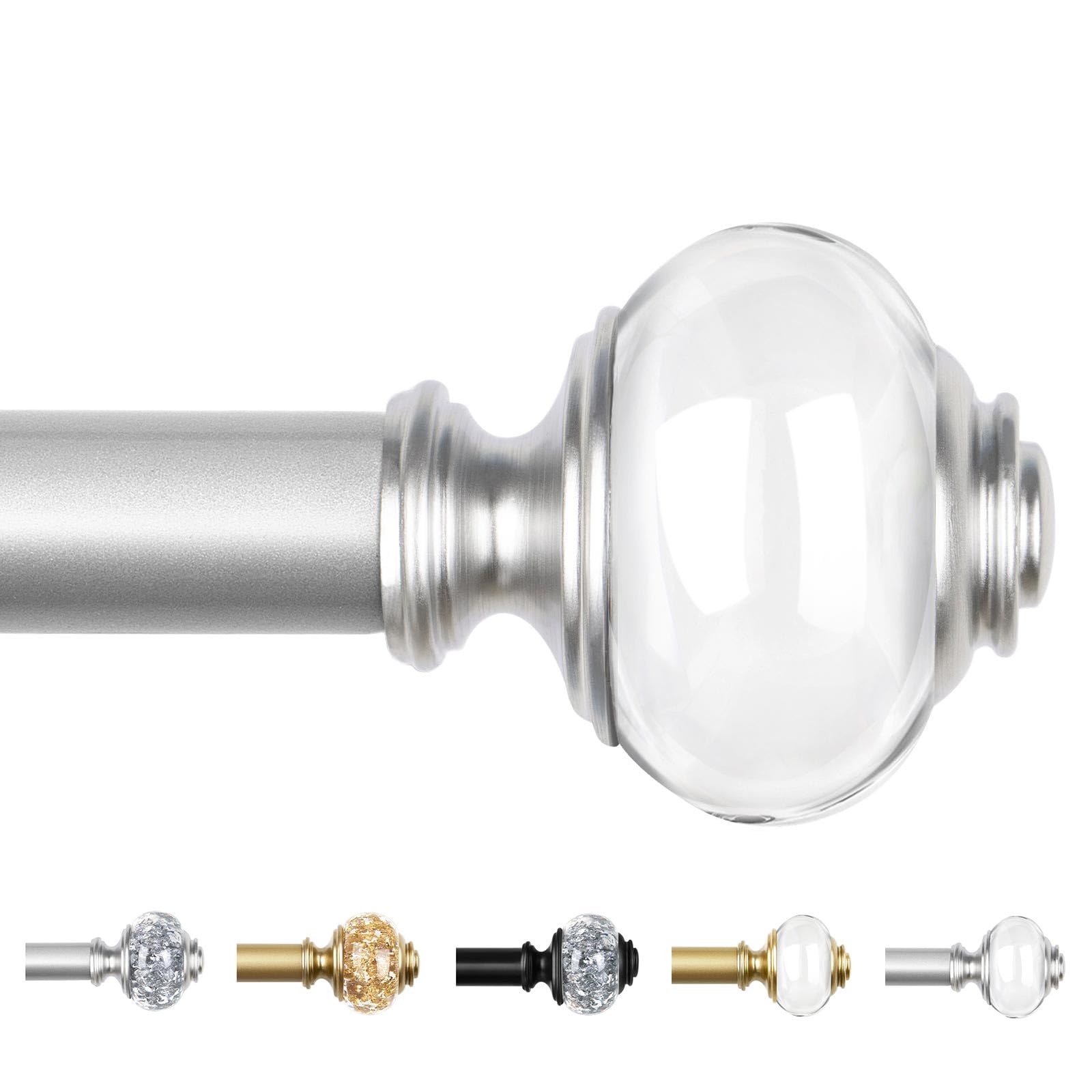 Light Silver Curtain Poles for Eyelet Curtains 80 to 218 cm, USFOOK Decorative Curtain Poles for Bedroom Window, 22 mm Extendable Curtain Rod with Translucent Finials