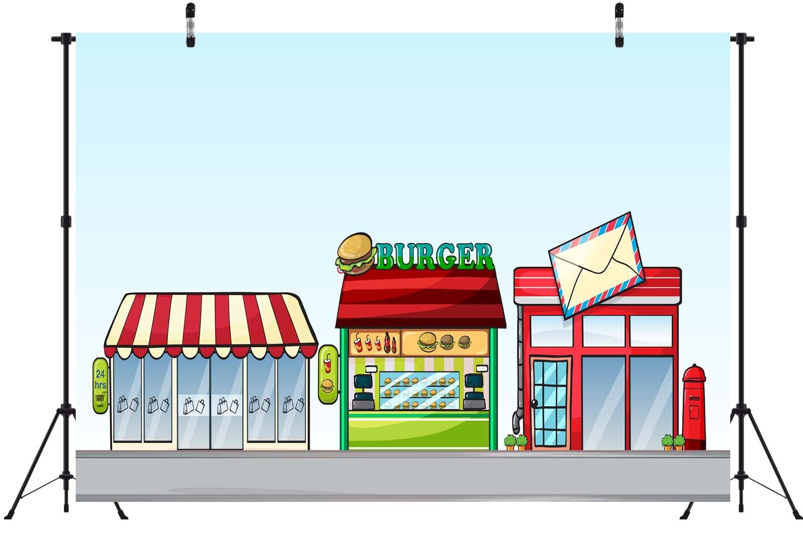 BELECO 3.6x3m Telo sfondo negozi strada cartone animato | Negozio convenienza urbano hamburgeria ufficio postale sfondo decorazione compleanno bimbi banner studio foto