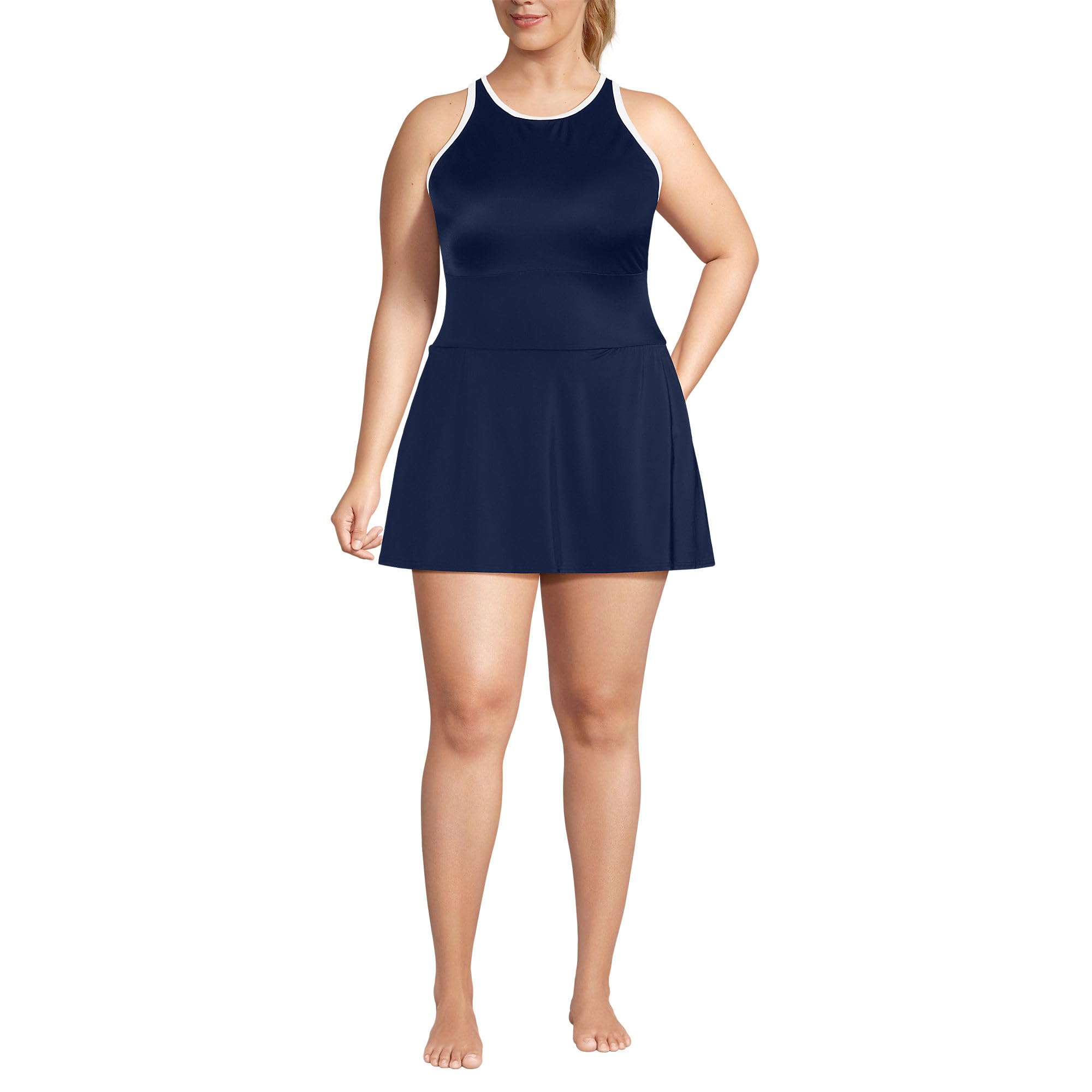 Lands End Womens Chlorine Resistant Tugless High Neck Swim Dress One Piece Swimsuit