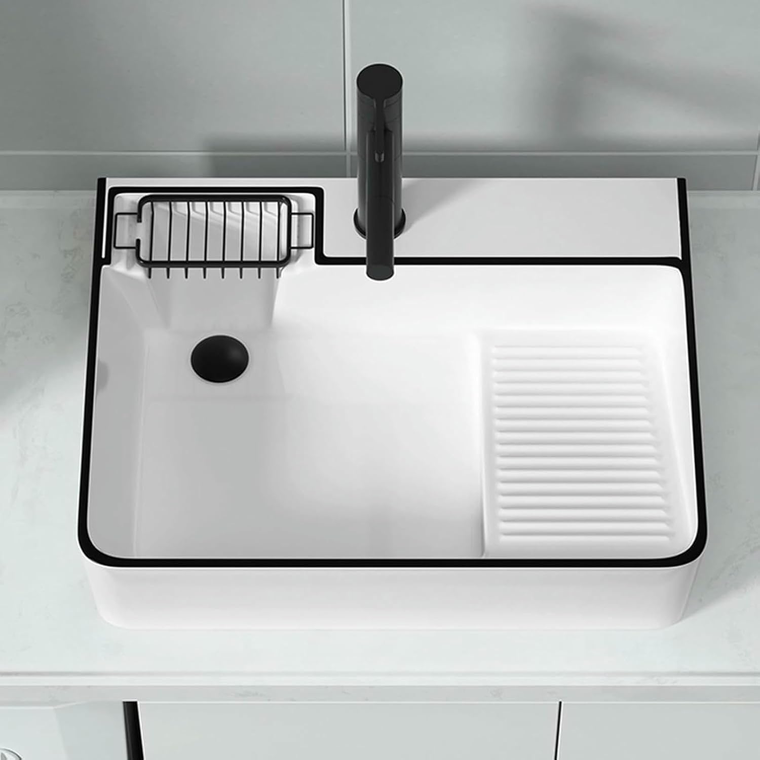 Ceramic Above Counter Bathroom Vessel Sink with Washboard White Rectangle Laundry Sinks with Faucet