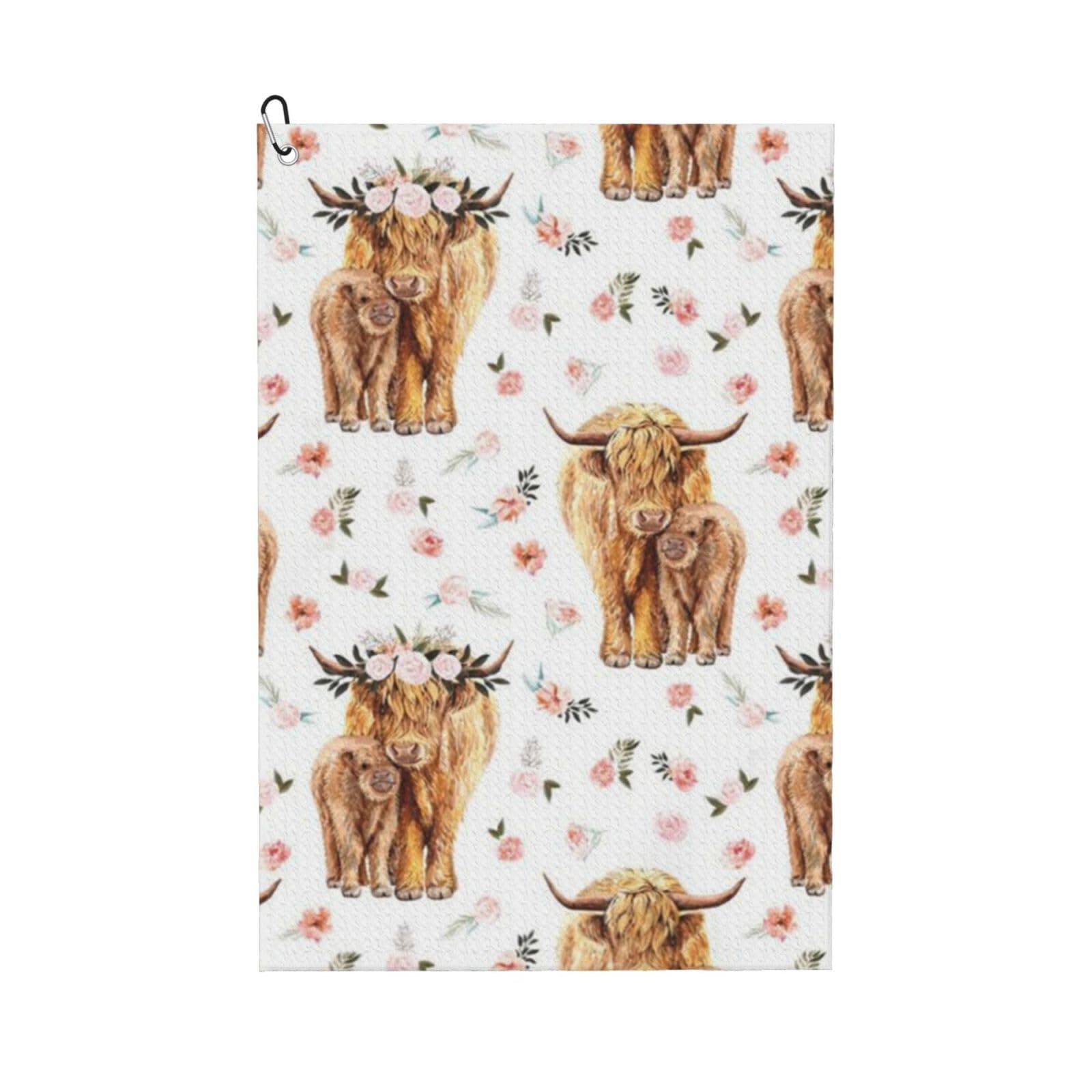 Hnnkloy Spring Pink Floral Scottish Highland Cow, 16x24 in Portable Waffle Golf Towels with Carabiner Clip for Golf Bag