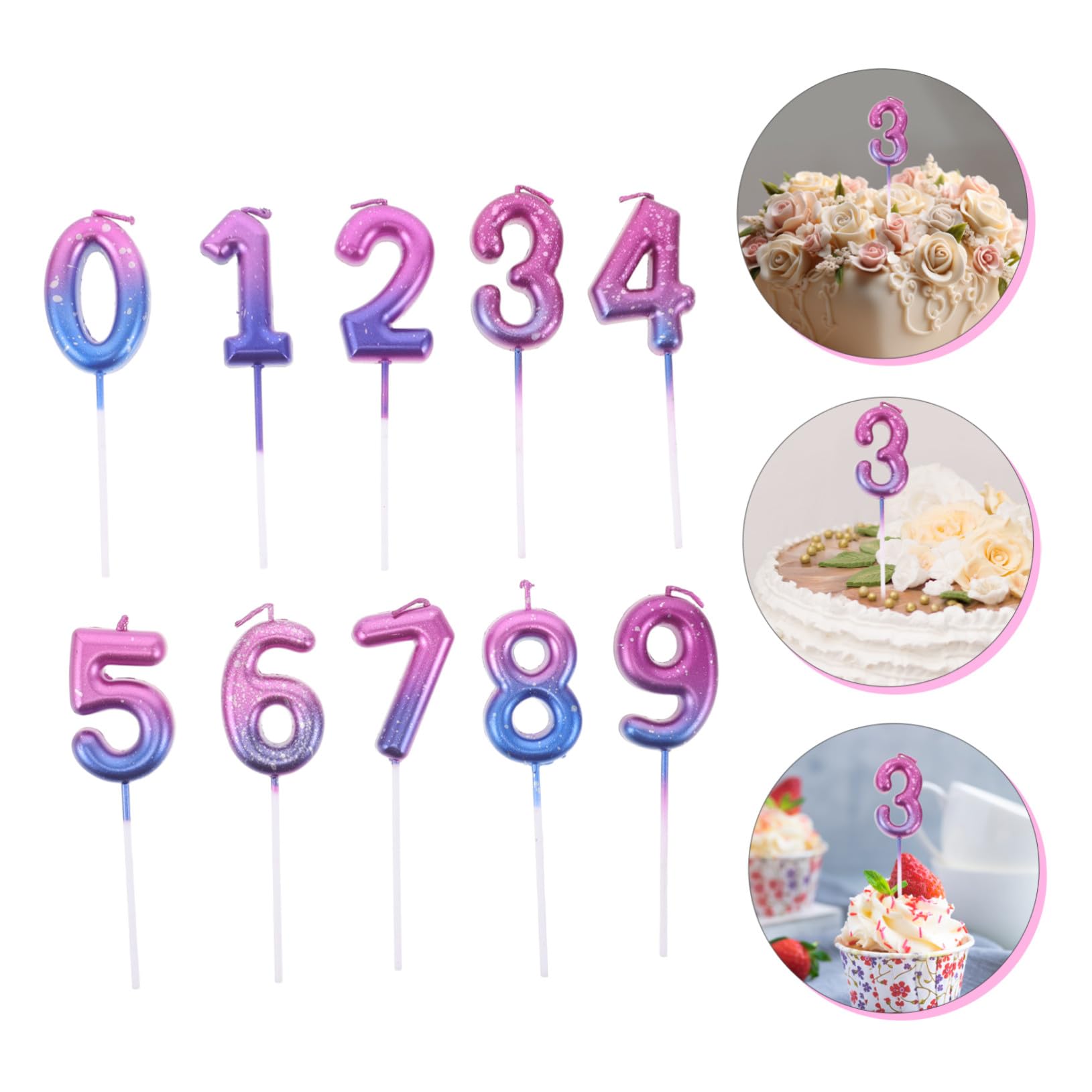 10 Piezas Velas Número Gradiente de Cumpleaños con Base Estable Decoración para Tartas de Fiesta Celebraciones