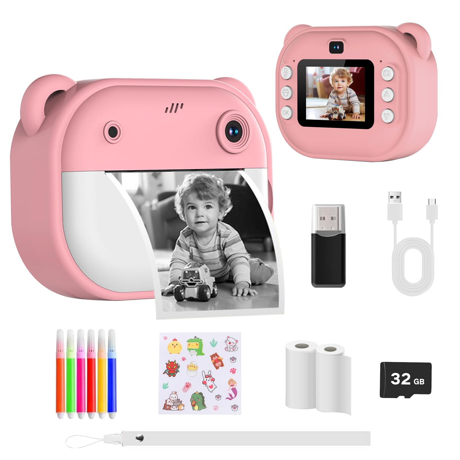 Macchina Fotografica Bambini Istantanea, Fotocamera Digitale con Carta da Stampa e Scheda TF da 32 G, Penne Colora, Regalo Natale Bambino e Bambina 3-14 Anni (Rosa)