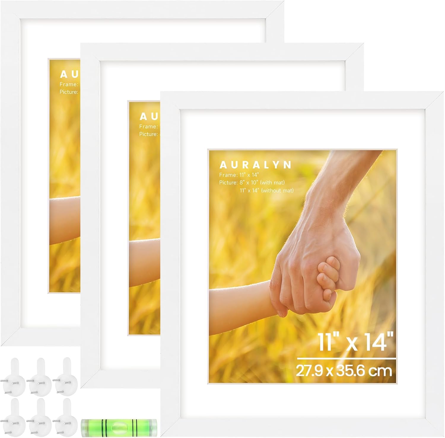 11x14 Wood Picture Frame Set of 3, Display Pictures 8x10 with Mat or 11x14 Without Mat, Includes Picture Hanging Kit, White True White Wood Grain